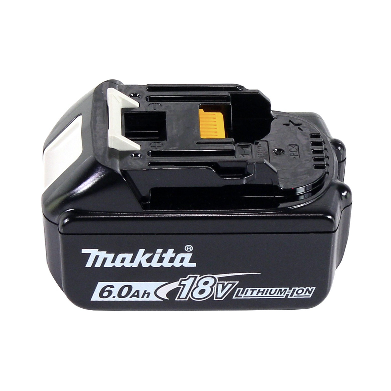 Schwarzer Makita 18V 6,0Ah Lithium-Ionen-Akku. Merkmale: weißes Logo, schwarze und gelbe Details. Weißer Hintergrund.
