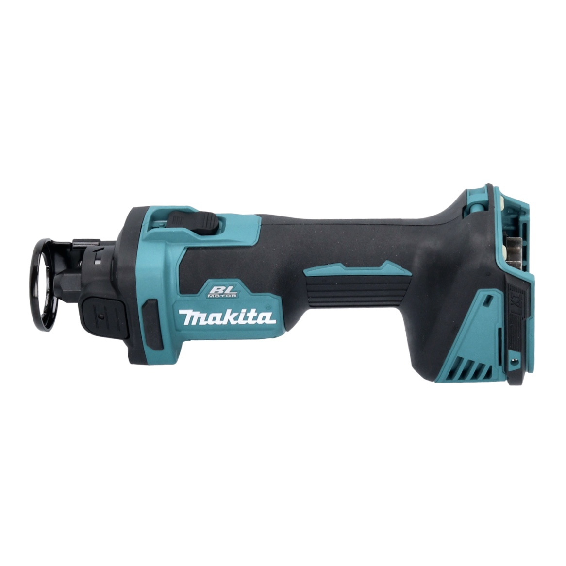 Eine teal-schwarze Makita Säbelsäge wird gezeigt. Sie hat einen schwarzen Griff, teal Akzente und einen silbernen Klingenanschluss.