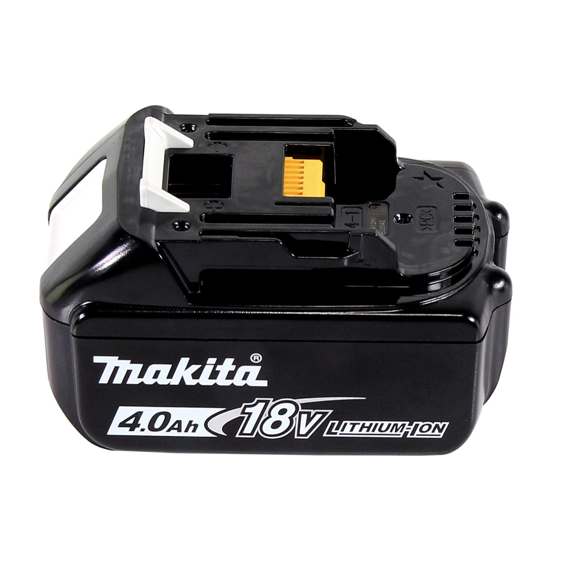 Schwarzer Makita 4,0 Ah 18V Lithium-Ionen-Akku. Er hat weiße und gelbe Akzente. Die Oberseite hat einen Anschluss und eine Entlüftung.