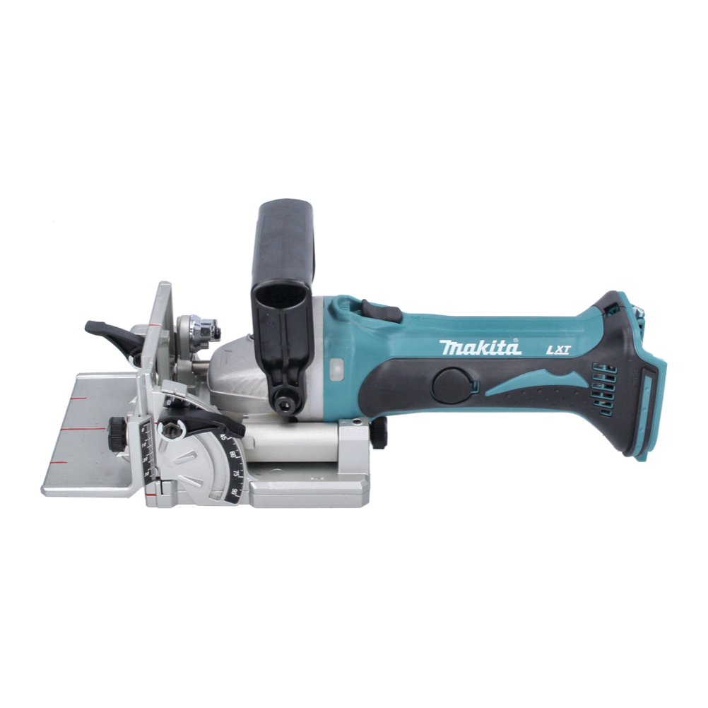 Makita LXT Akku-Lamellenfräse. Türkis-schwarzes Gehäuse, silberner Sockel. Merkmale: Griff, Klingenschutz und Einstellräder. Isoliert auf Weiß.