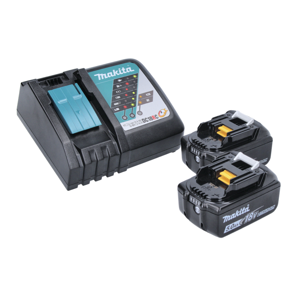 Makita-Batterieladegerät mit zwei schwarzen Batterien. Das Ladegerät ist schwarz mit türkisfarbenen Akzenten. Batterien sind schwarz mit gelben und weißen Details.