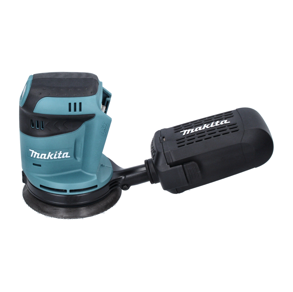 Ein Makita-Exzenterschleifer. Türkisfarbenes und schwarzes Gehäuse mit einem schwarzen Staubauffangbehälter. Das Makita-Logo ist sichtbar.