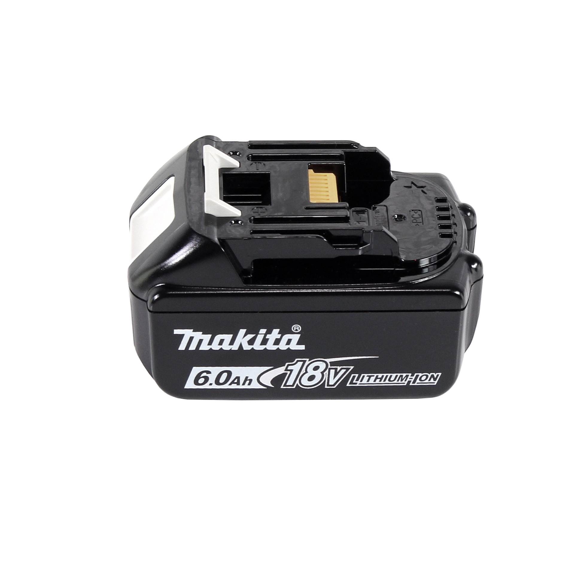 Schwarzer Makita 18V Lithium-Ionen-Akku. Er hat eine weiße Oberseite und gelbe Anschlüsse. Markenname und Spezifikationen sind aufgedruckt.