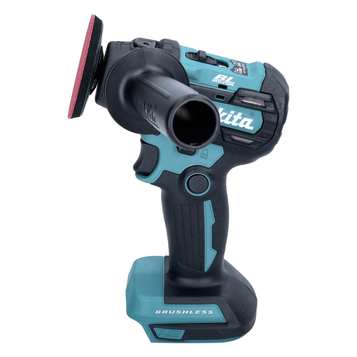 Akku-Schleifer von Makita. Türkis-schwarzes Gehäuse mit rotem Schleifpad. Merkmale: bürstenloser Motor und LXT-Akku.