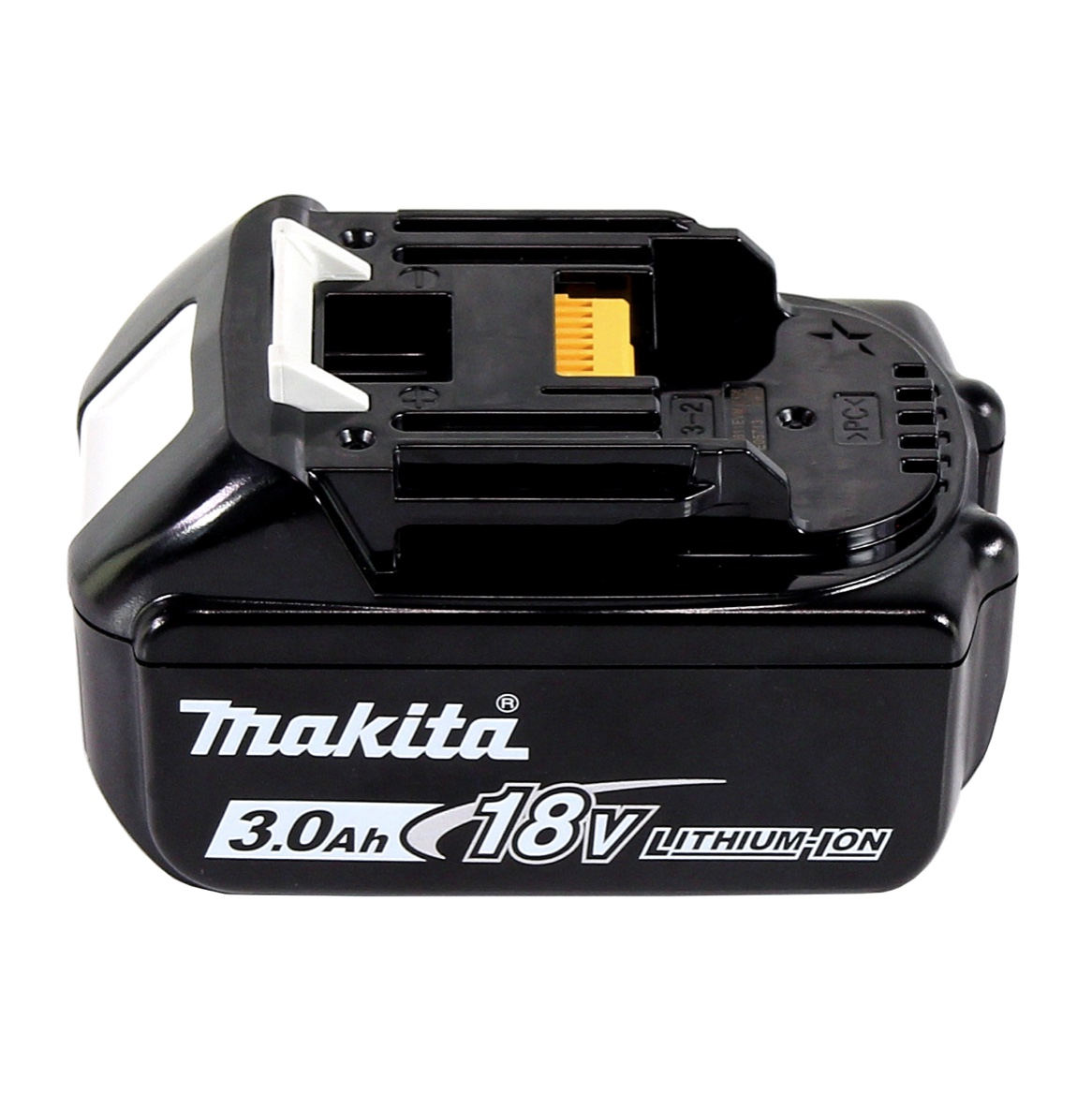 Schwarzer Makita 18V Lithium-Ionen-Akku. Mit weißem Logo und Text. Oberseite mit schwarzem Kunststoffanschluss und gelben Kontakten.