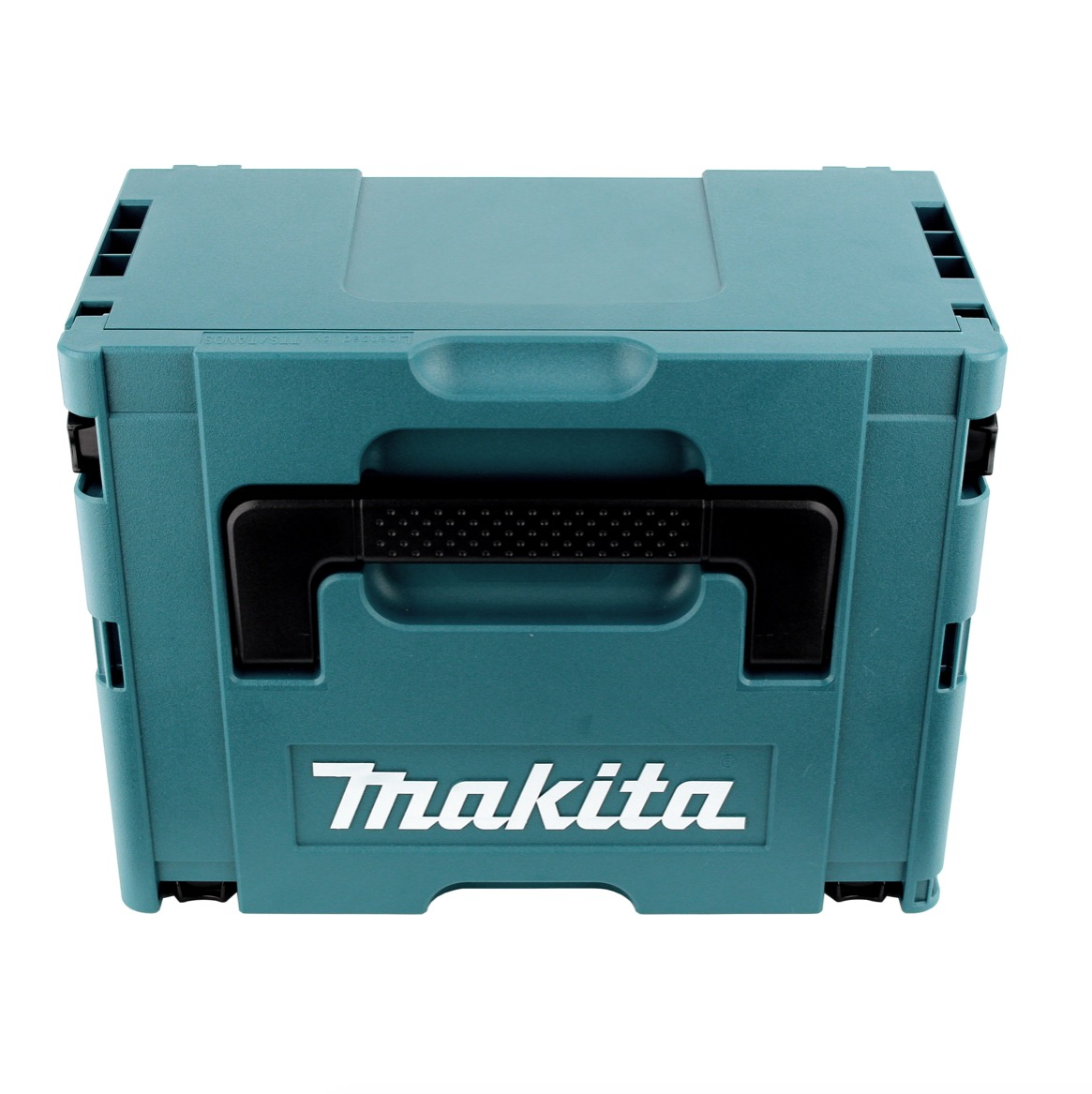 Eine teal Makita Werkzeugkiste. Schwarzer Griff und Logo. Die Box ist geschlossen und steht auf einer weißen Oberfläche.
