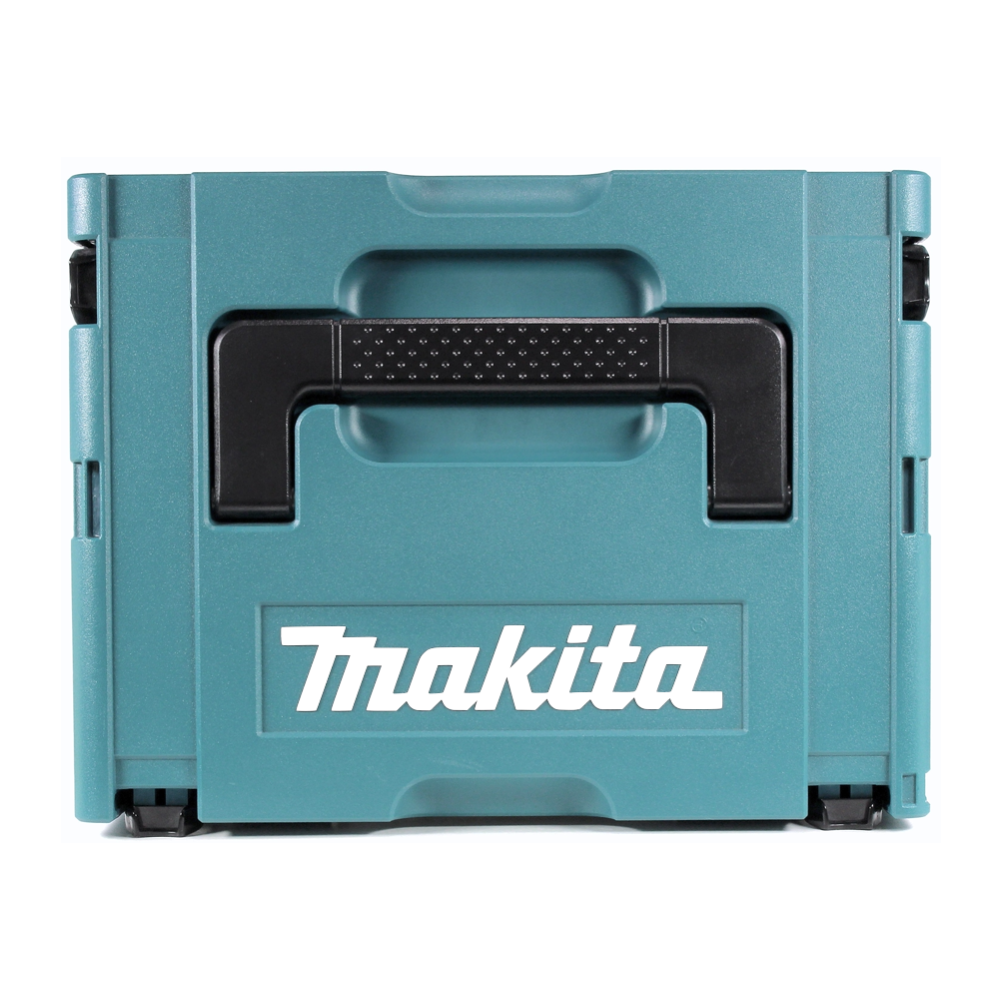 Eine teal Makita-Werkzeugkiste mit schwarzem Griff. Das Makita-Logo ist weiß. Der Hintergrund ist weiß.