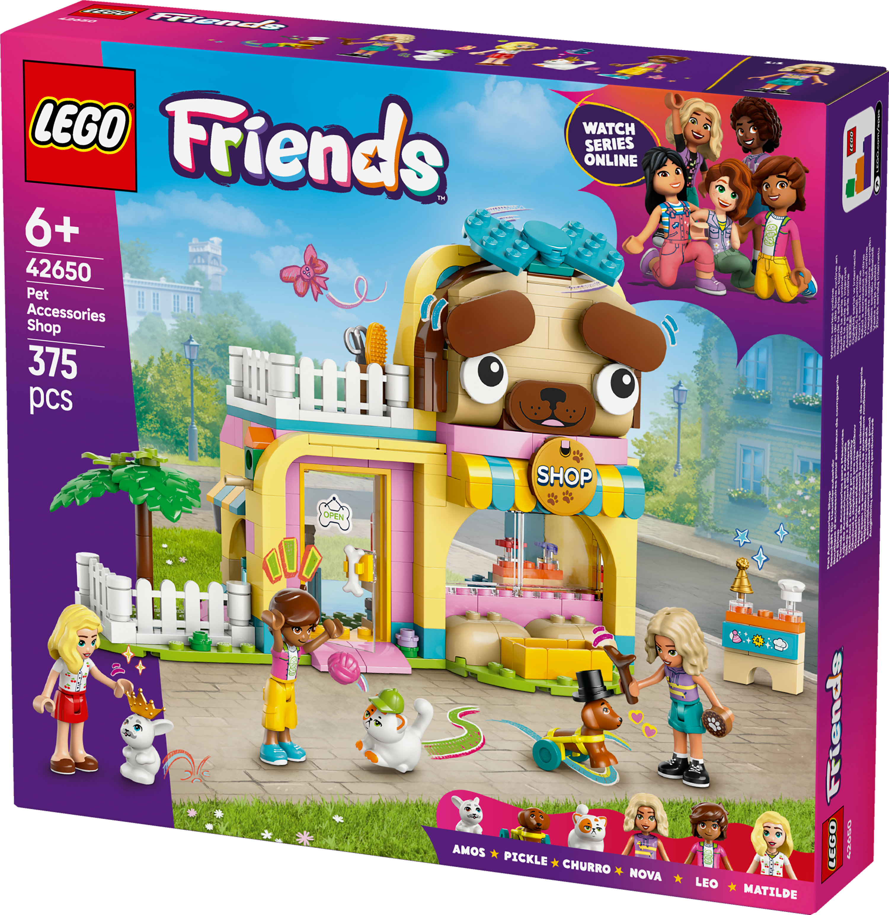 Pudełko z zestawem LEGO Friends. Budynek sklepu zoologicznego w kształcie psa z figurkami ludzi i zwierząt.