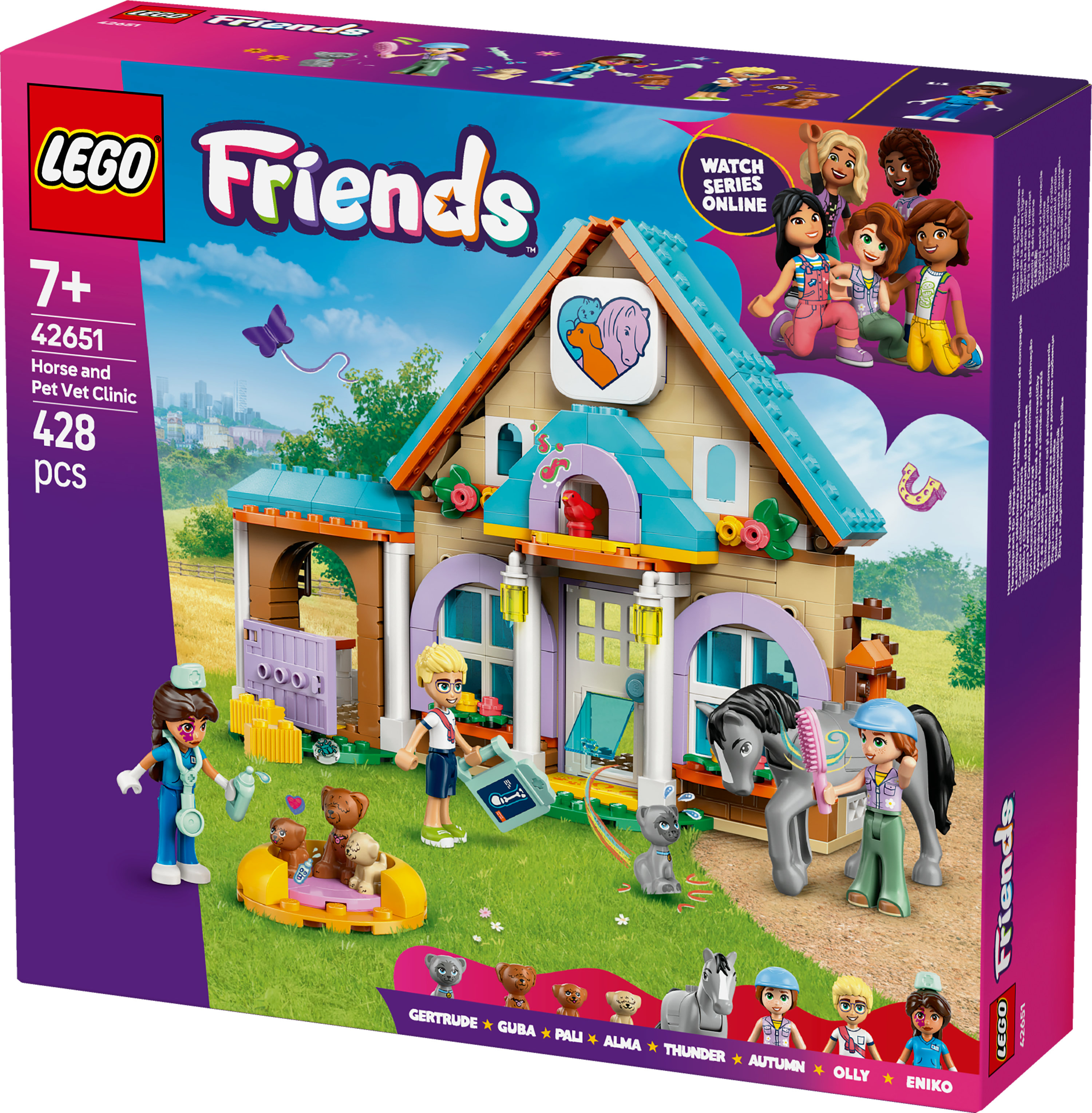 Zestaw Lego Friends: Klinika weterynaryjna dla koni i zwierząt. Zawiera budynek, minifigurki i zwierzęta.