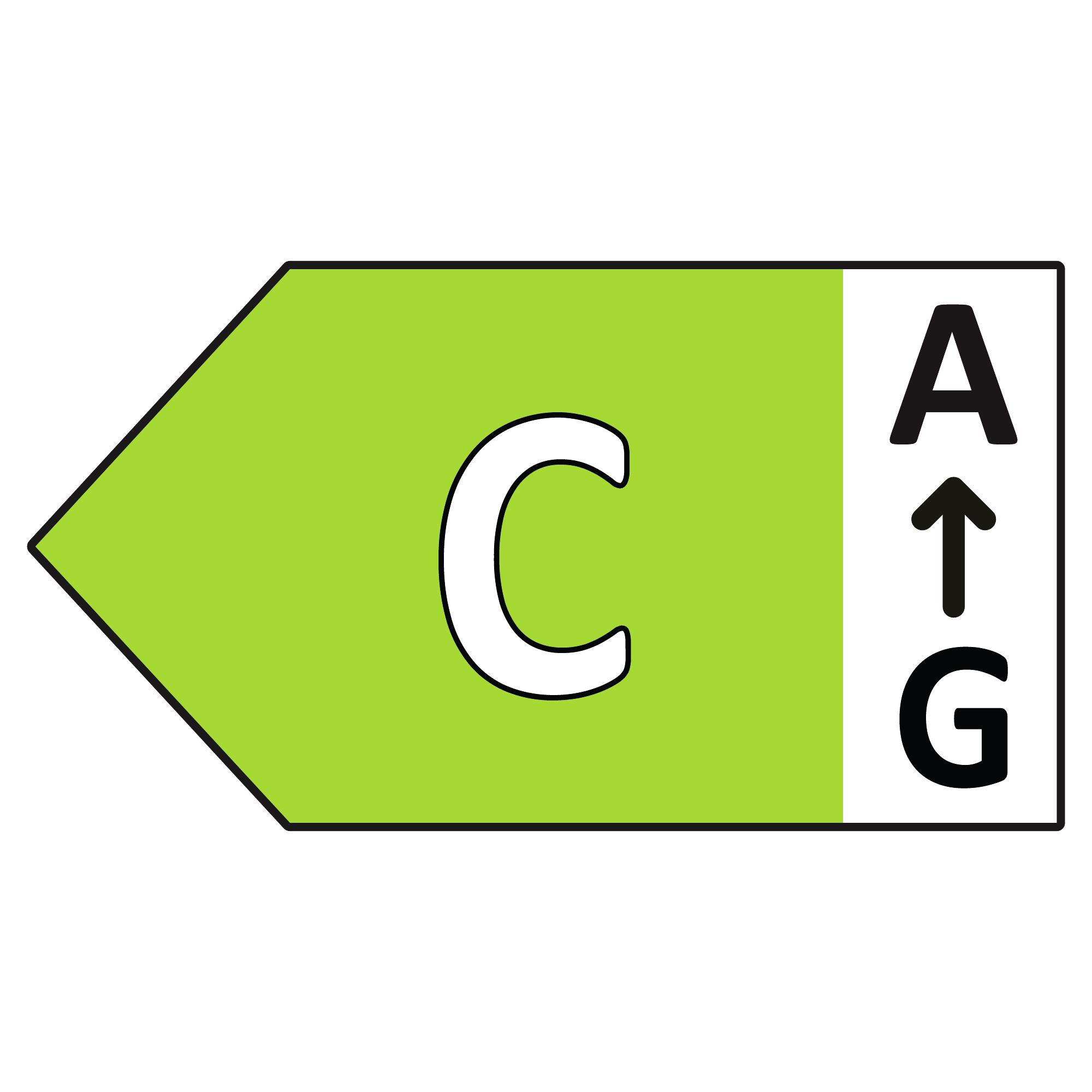 Una etiqueta energética que muestra una C verde y clasificaciones A-G con una flecha hacia arriba.