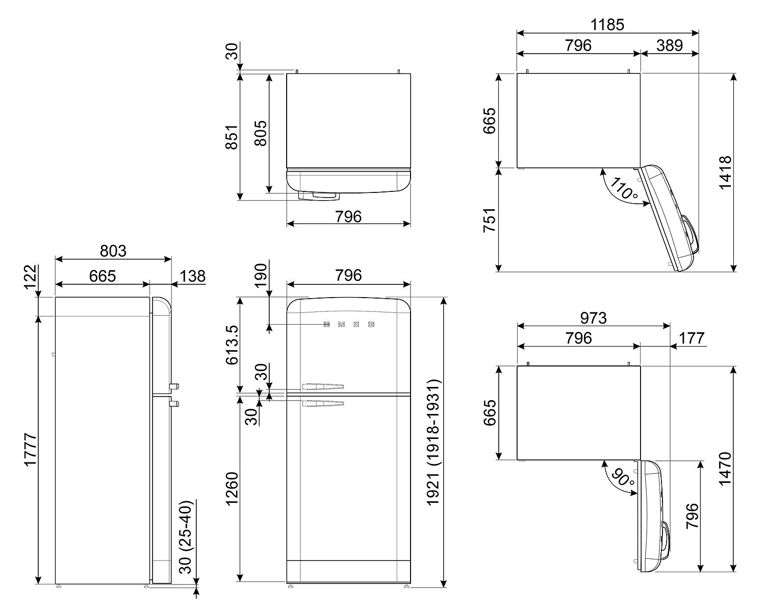 Dibujos técnicos de un refrigerador que muestran dimensiones y ángulos. Vistas lateral, frontal y superior con medidas en milímetros.