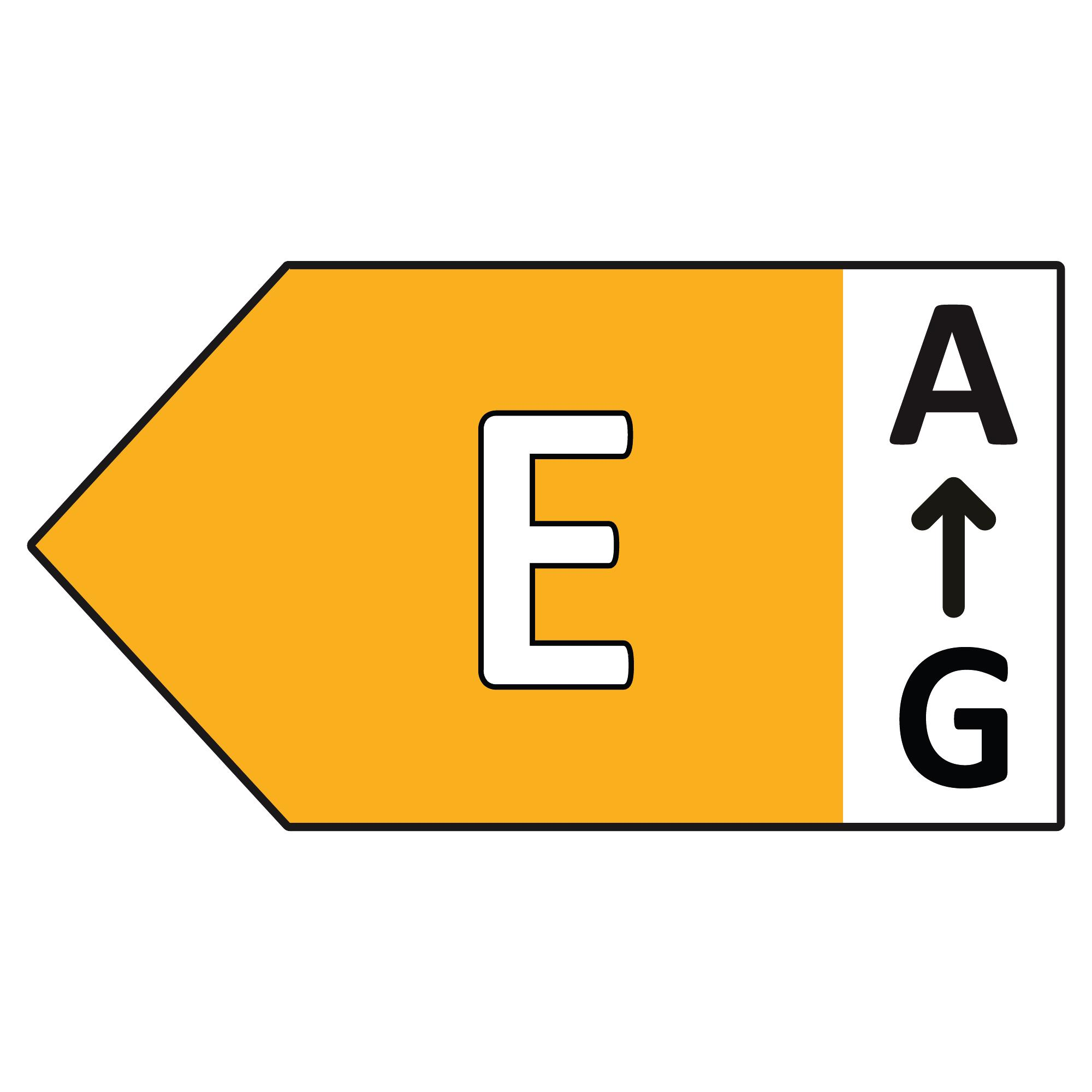 Etiqueta de eficiencia energética. Forma naranja con "E" blanco. A la derecha, A negro, flecha arriba y G.