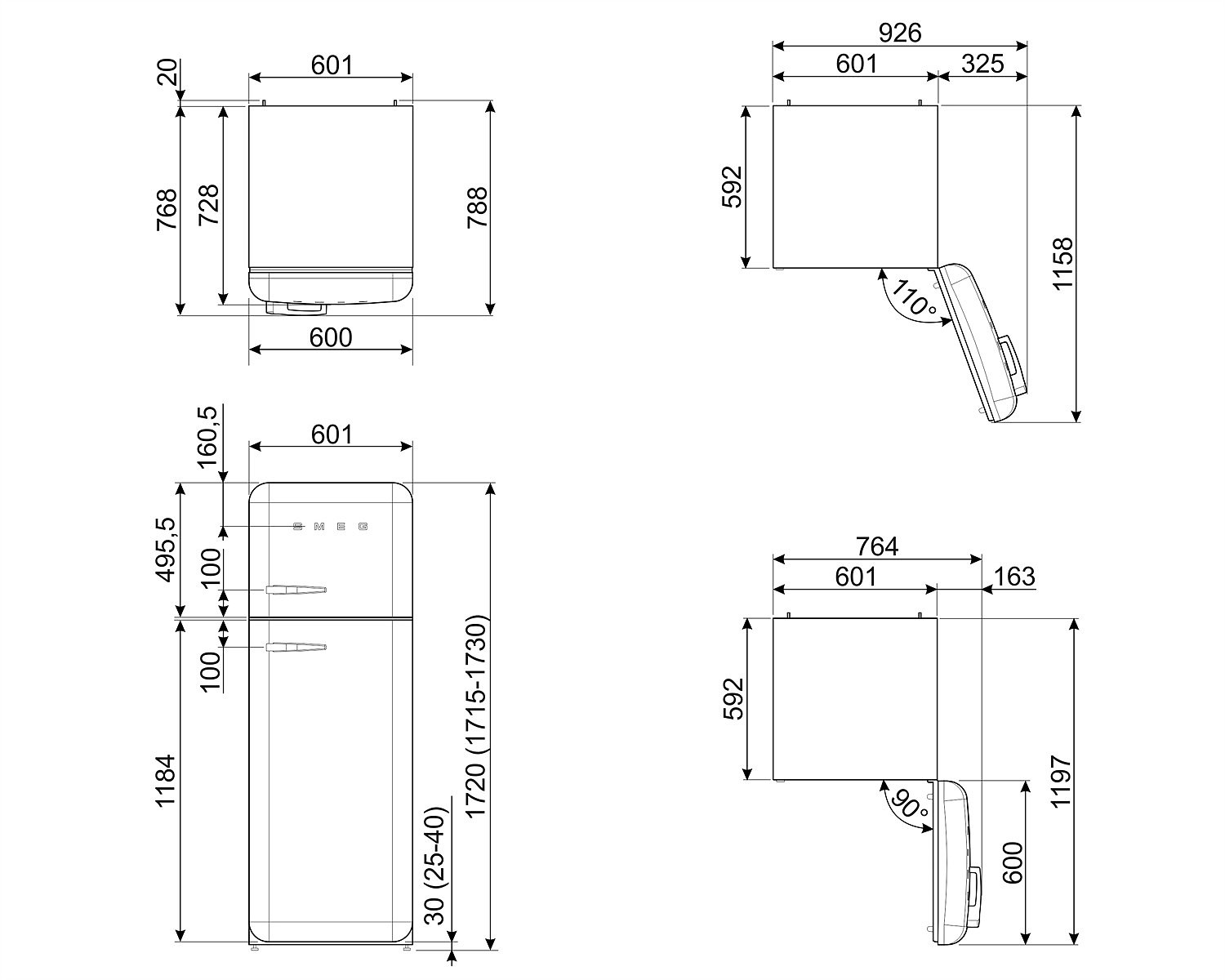 Dibujos técnicos de electrodomésticos con dimensiones en milímetros. Incluye vistas de refrigeradores y similares.