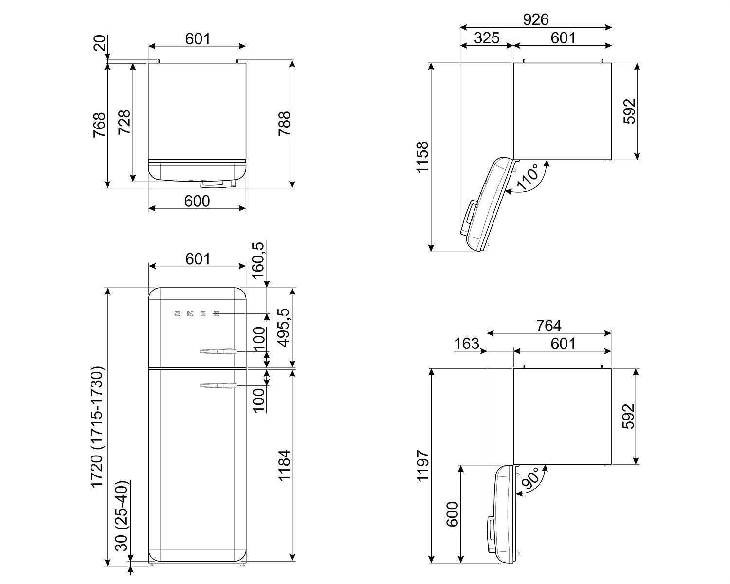 Dibujos técnicos de electrodomésticos, incluyendo un refrigerador y un calentador de agua, con dimensiones en mm.