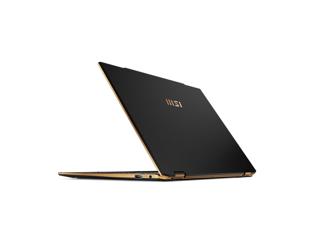 Laptop nero con finiture dorate, parzialmente aperto, angolato su sfondo bianco. Il logo MSI è visibile.