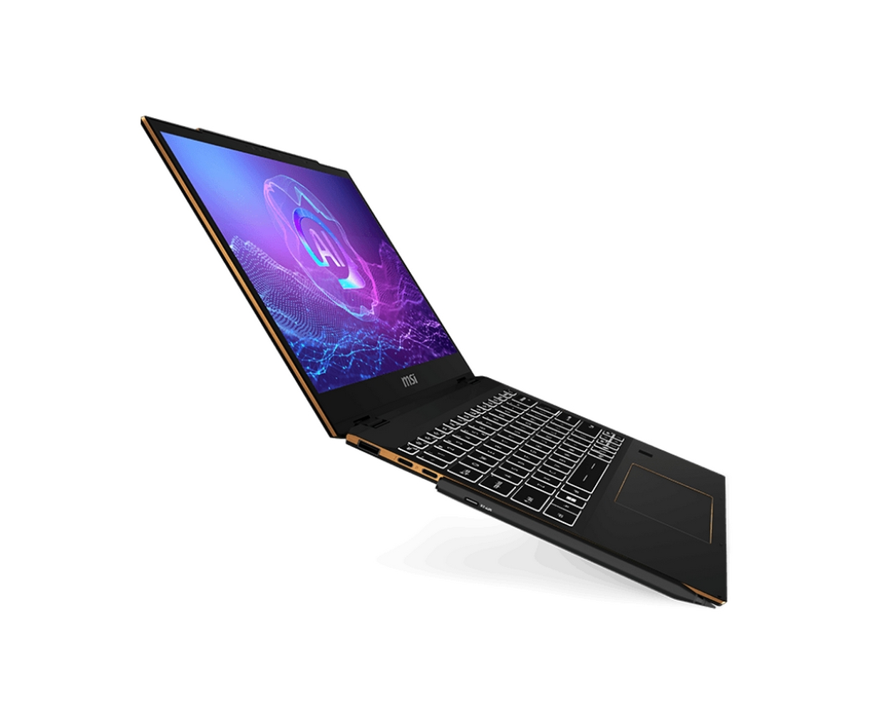 Laptop MSI nero, aperto ad angolo. Schermo mostra grafica AI. Rifiniture dorate. Tastiera retroilluminata bianca. Isolato su sfondo bianco.