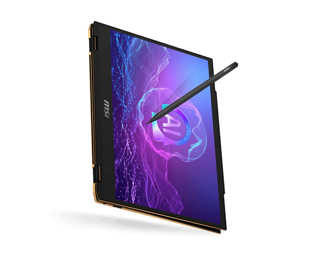 Un laptop nero con una penna sospesa sullo schermo. Lo schermo mostra una grafica blu e viola con le lettere IA.