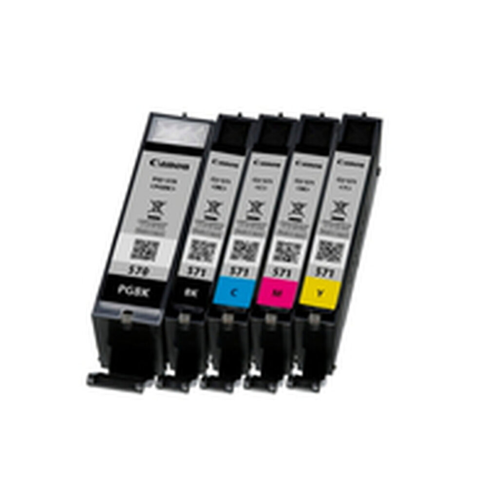 Canon-Tintenpatronen in Schwarz, Cyan, Magenta und Gelb. PG BK, C, M, Y Etiketten. Weißer Hintergrund.