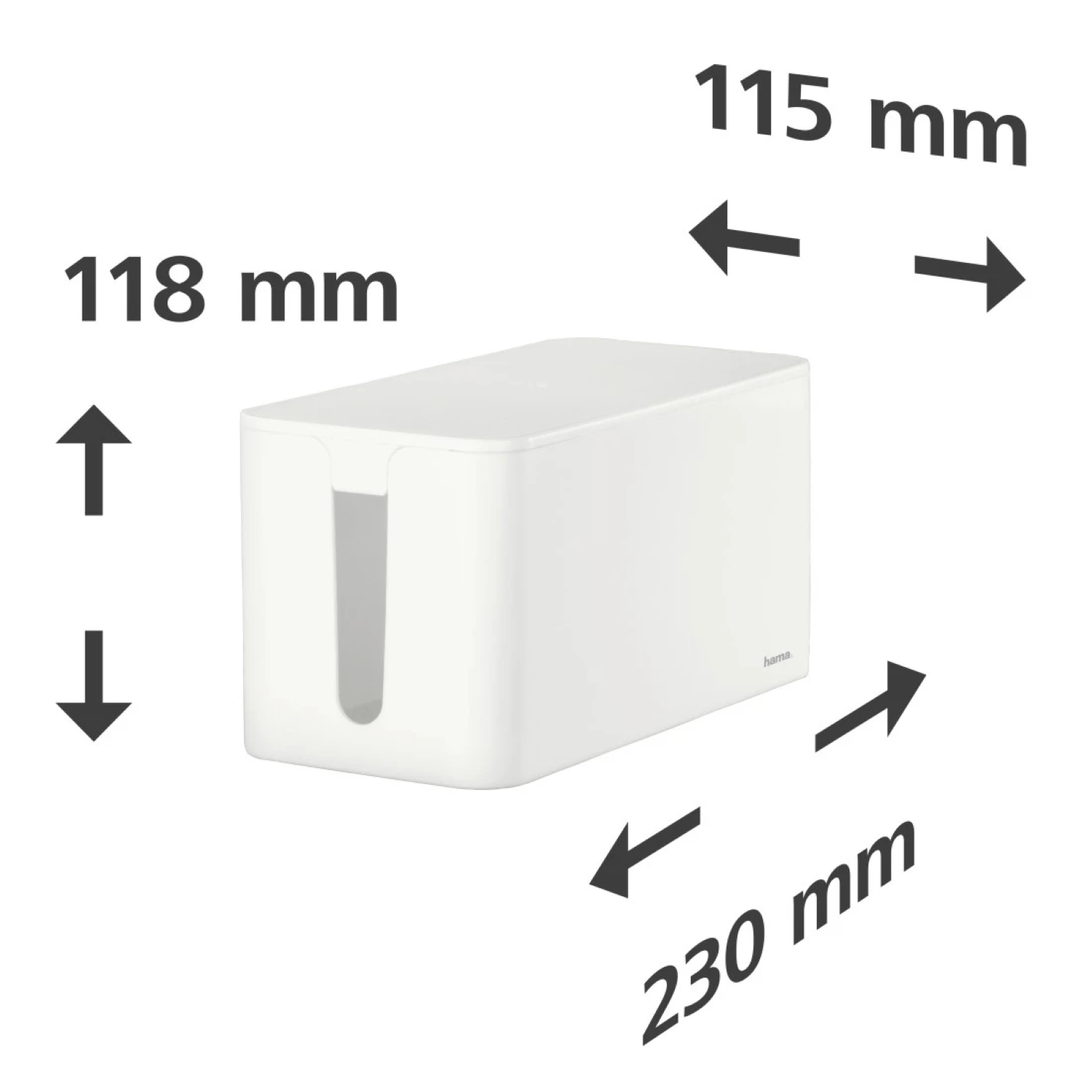 Eine weiße Kabelbox mit beschrifteten Abmessungen. Sie hat Maße von 118 mm, 115 mm und 230 mm. Der Markenname 'hama' ist sichtbar.
