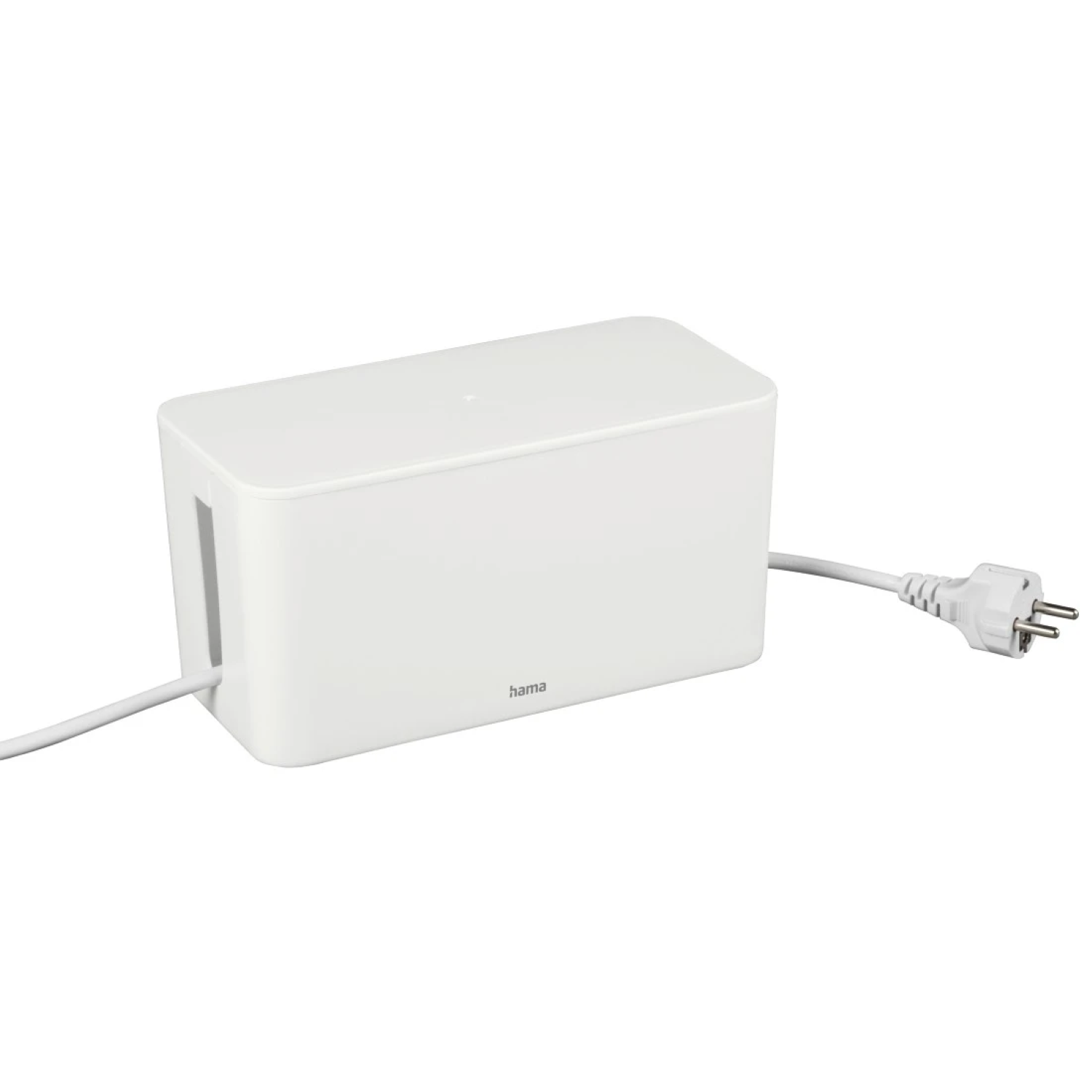 Eine weiße Kabelbox mit Kabel und Stecker. Auf der Box steht der Markenname 'hama'.