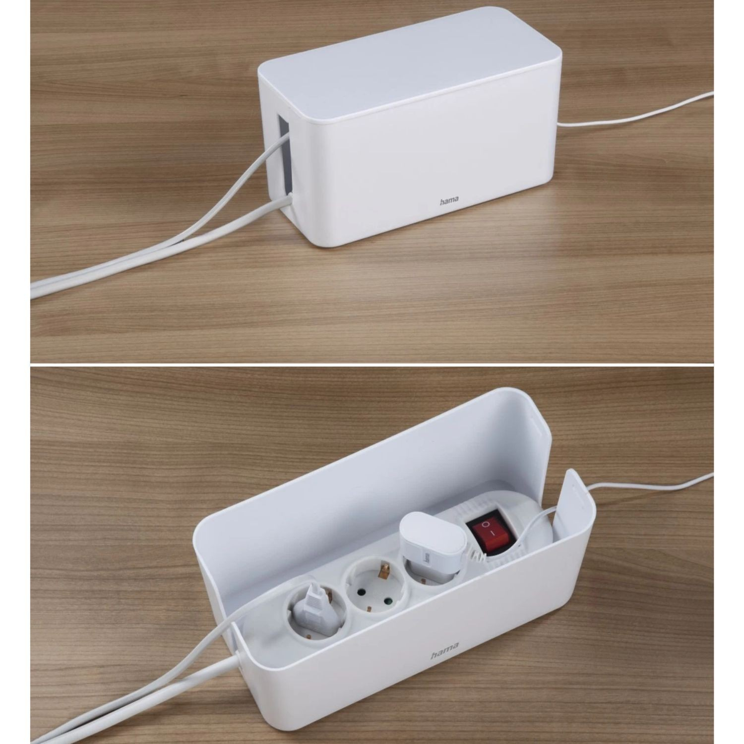 Eine weiße Kabelbox auf Holzoberfläche. Sie enthält Steckdosen und eine Steckerleiste mit rotem Schalter.
