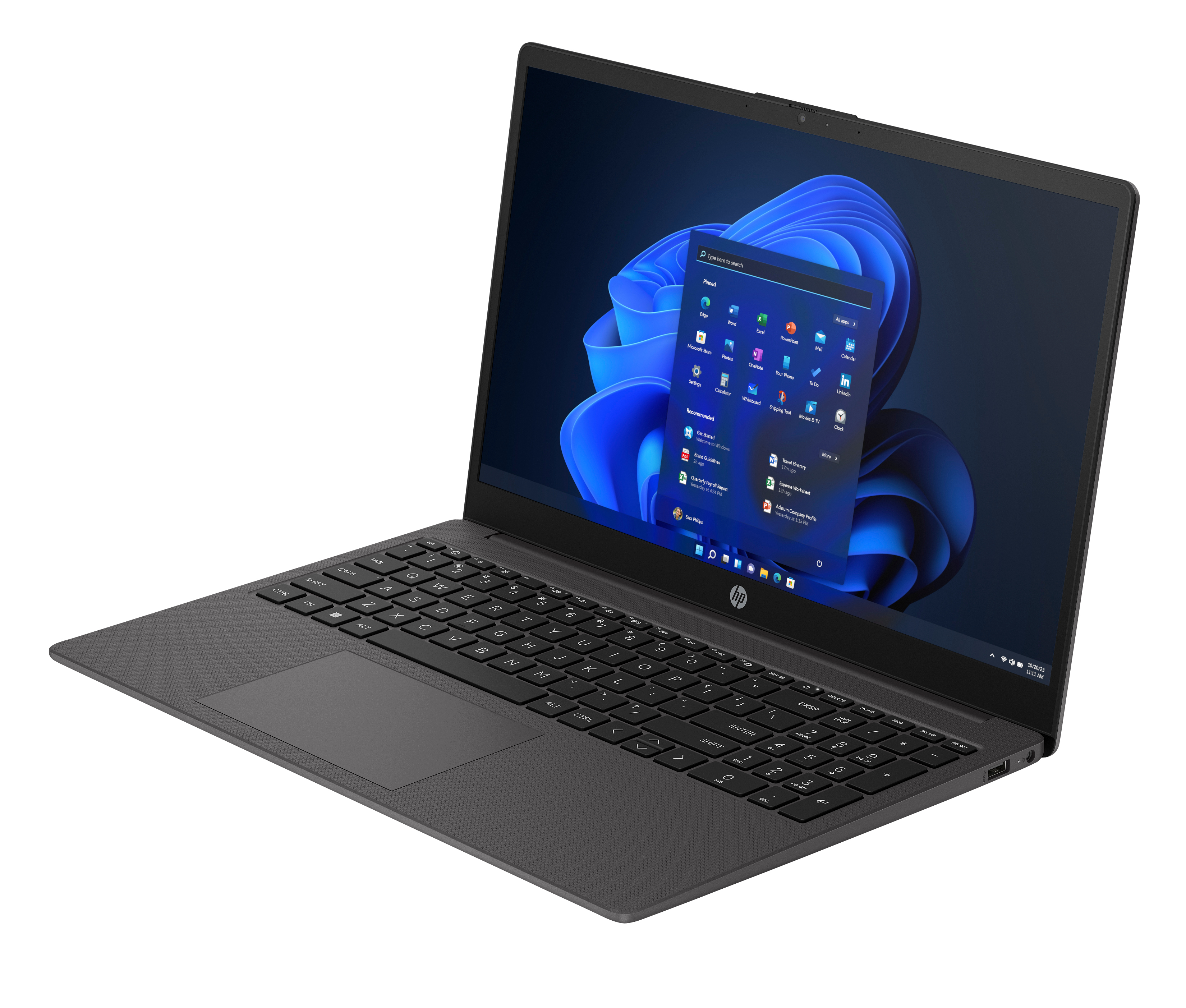Un laptop grigio scuro con tastiera nera, schermo Windows 11 e logo HP. Lo schermo mostra le icone delle app.