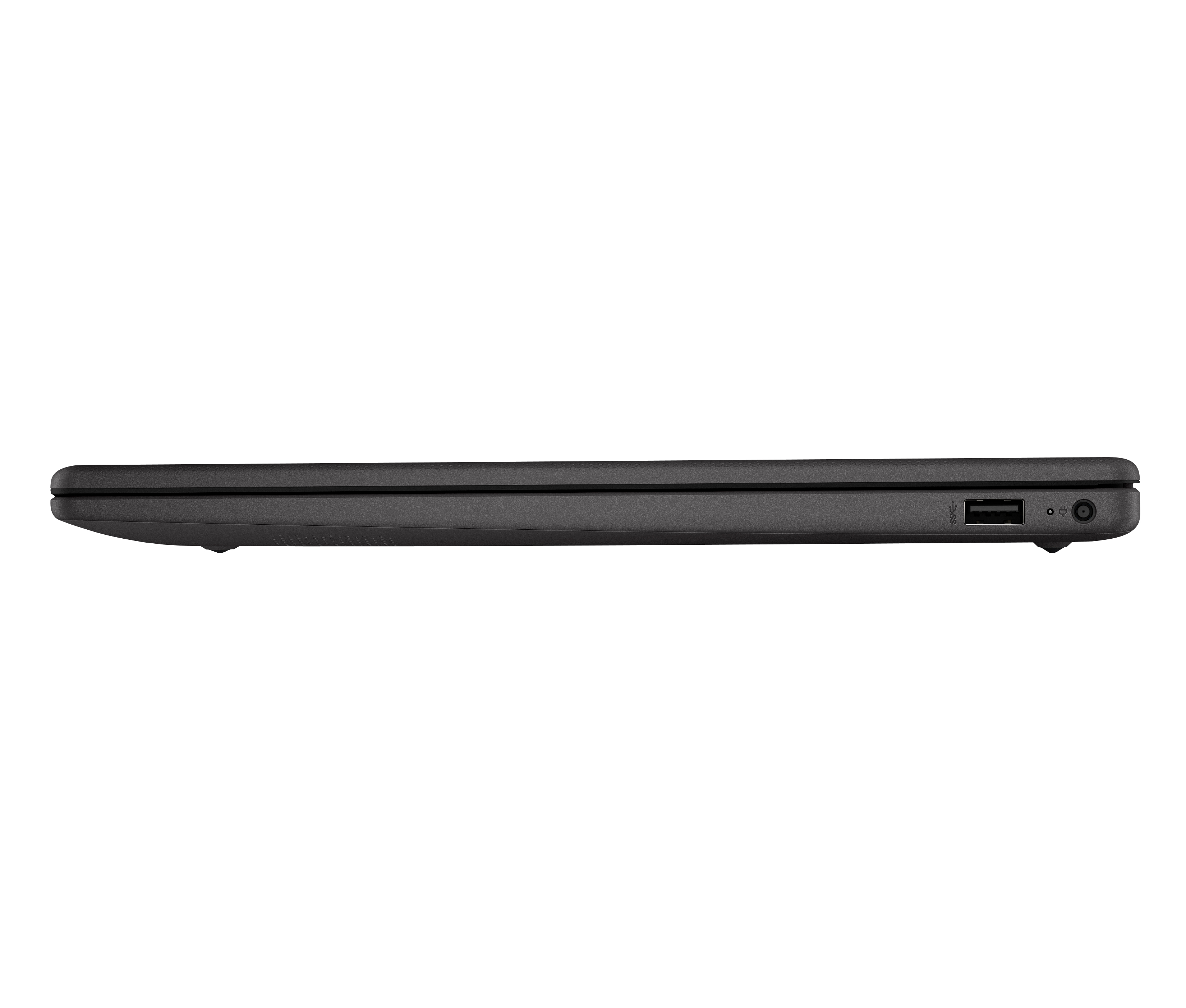 Vista laterale di un laptop grigio scuro, che mostra le porte. Una porta USB, l'ingresso di alimentazione e una piccola luce sono visibili.