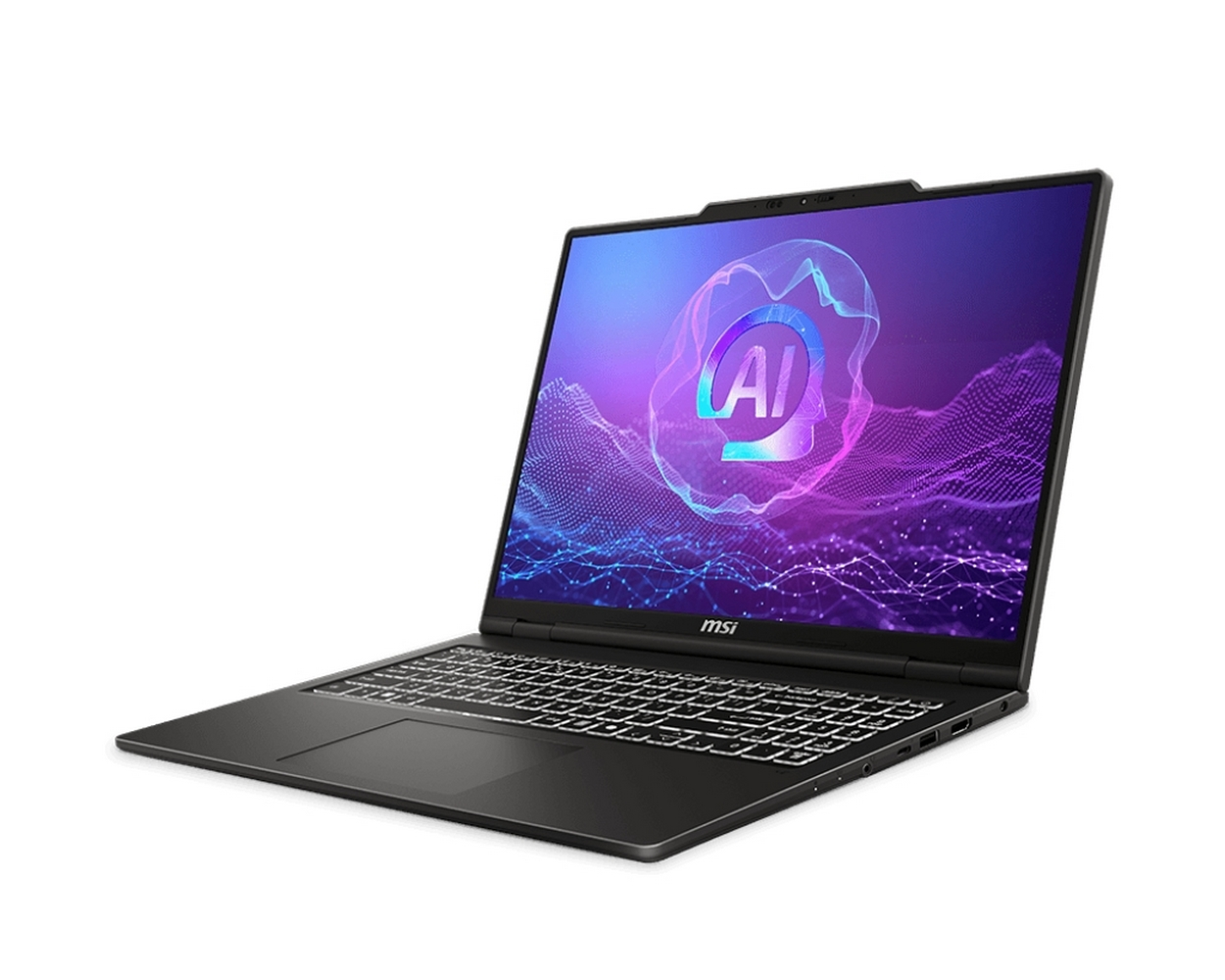 Un laptop MSI nero è aperto, mostrando una grafica AI sullo schermo. La tastiera è visibile e lo sfondo è bianco.