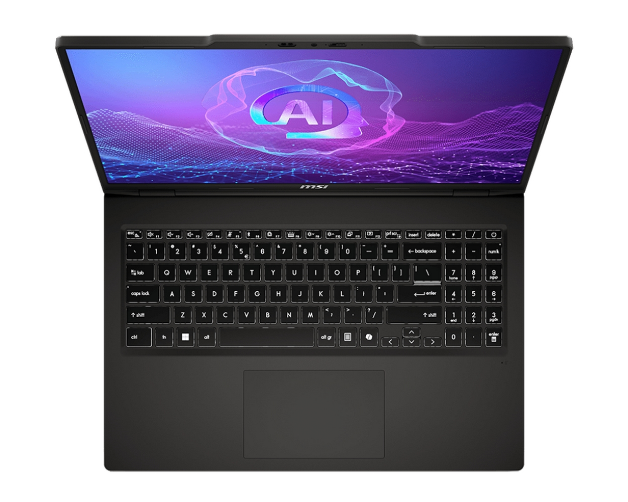 Laptop nero, aperto, che mostra tastiera e schermo. Lo schermo visualizza un logo AI. La tastiera ha tasti retroilluminati bianchi e un touchpad.