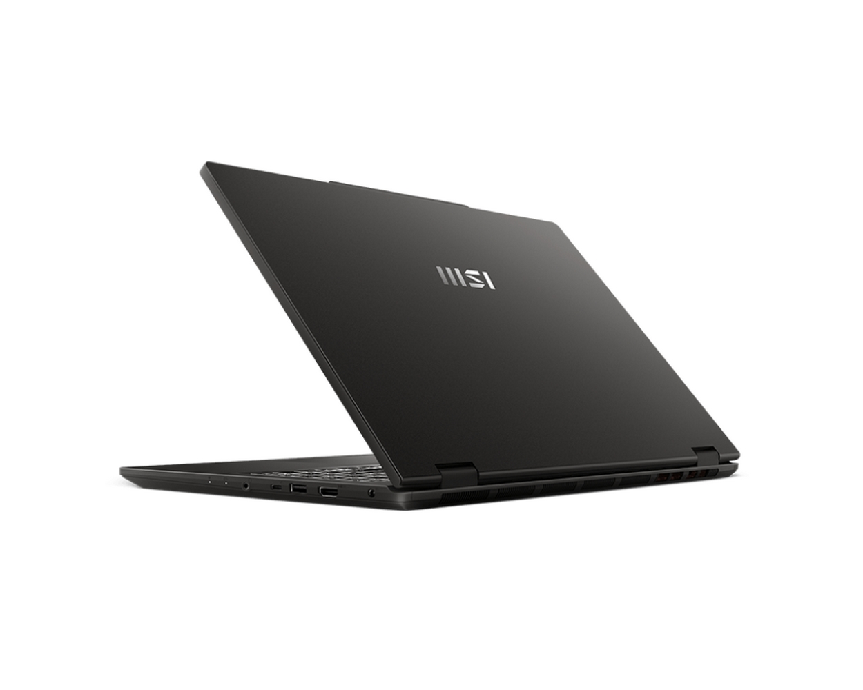 Un laptop nero è aperto. Lo schermo è inclinato all'indietro. La tastiera è visibile. Il logo MSI è sul coperchio.