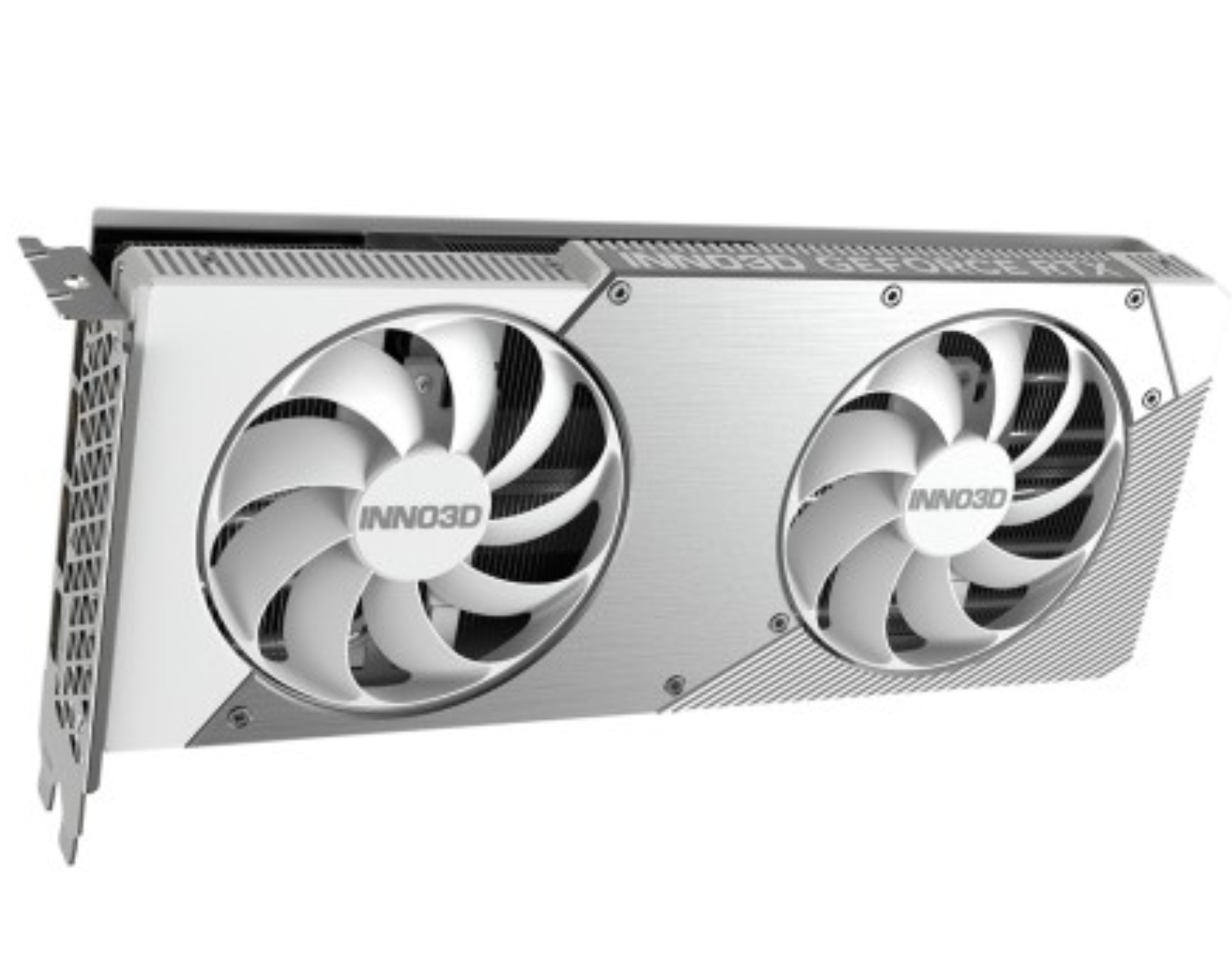 A white and silver INNO3D GeForce RTX graphics card with two fans. The fans have white blades and the INNO3D logo.
