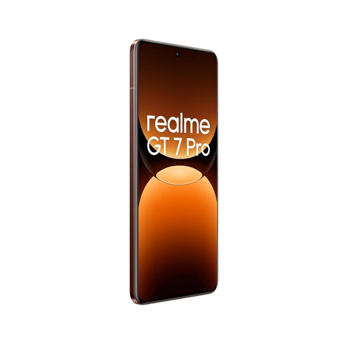 Se muestra un smartphone Realme GT 7 Pro. Tiene una pantalla con degradado marrón. El nombre del teléfono es blanco.