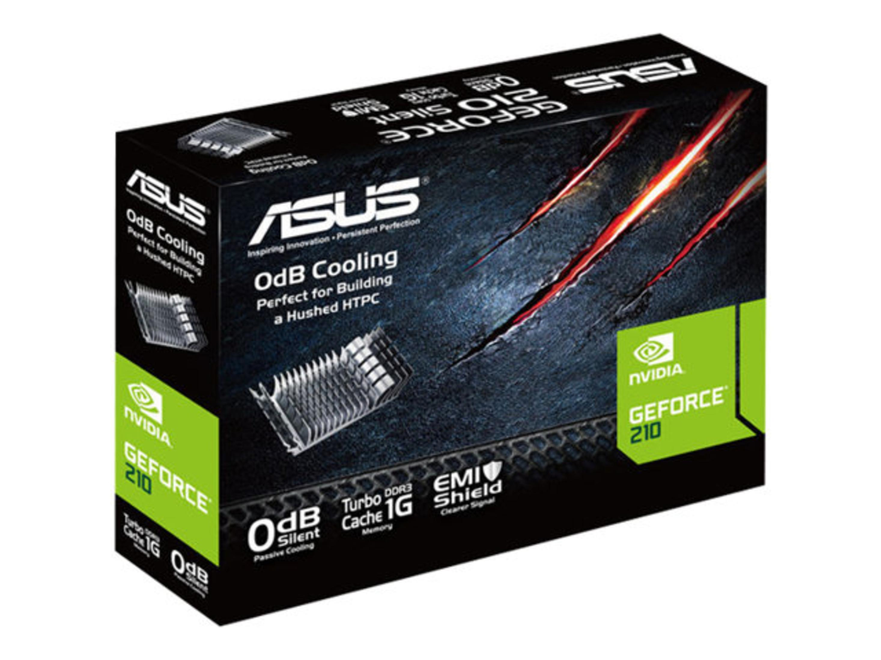 Scatola di una scheda grafica ASUS Geforce 210. Presenta un design nero e verde con dettagli del prodotto e loghi.