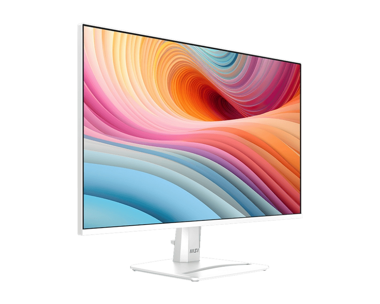 Biały monitor komputera wyświetla kolorowy, abstrakcyjny obraz. Monitor ma podstawę z logo MSI.