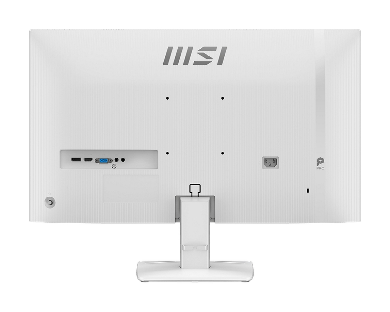 Widok z tyłu białego monitora MSI. Posiada porty, podstawę i logo MSI. Monitor stoi na białej powierzchni.
