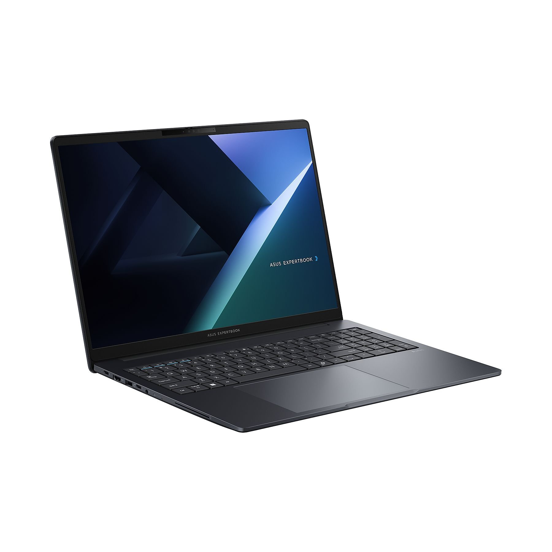 Un laptop grigio scuro su sfondo bianco. Lo schermo mostra un design astratto blu e verde acqua. ASUS EXPERTBOOK è visibile.