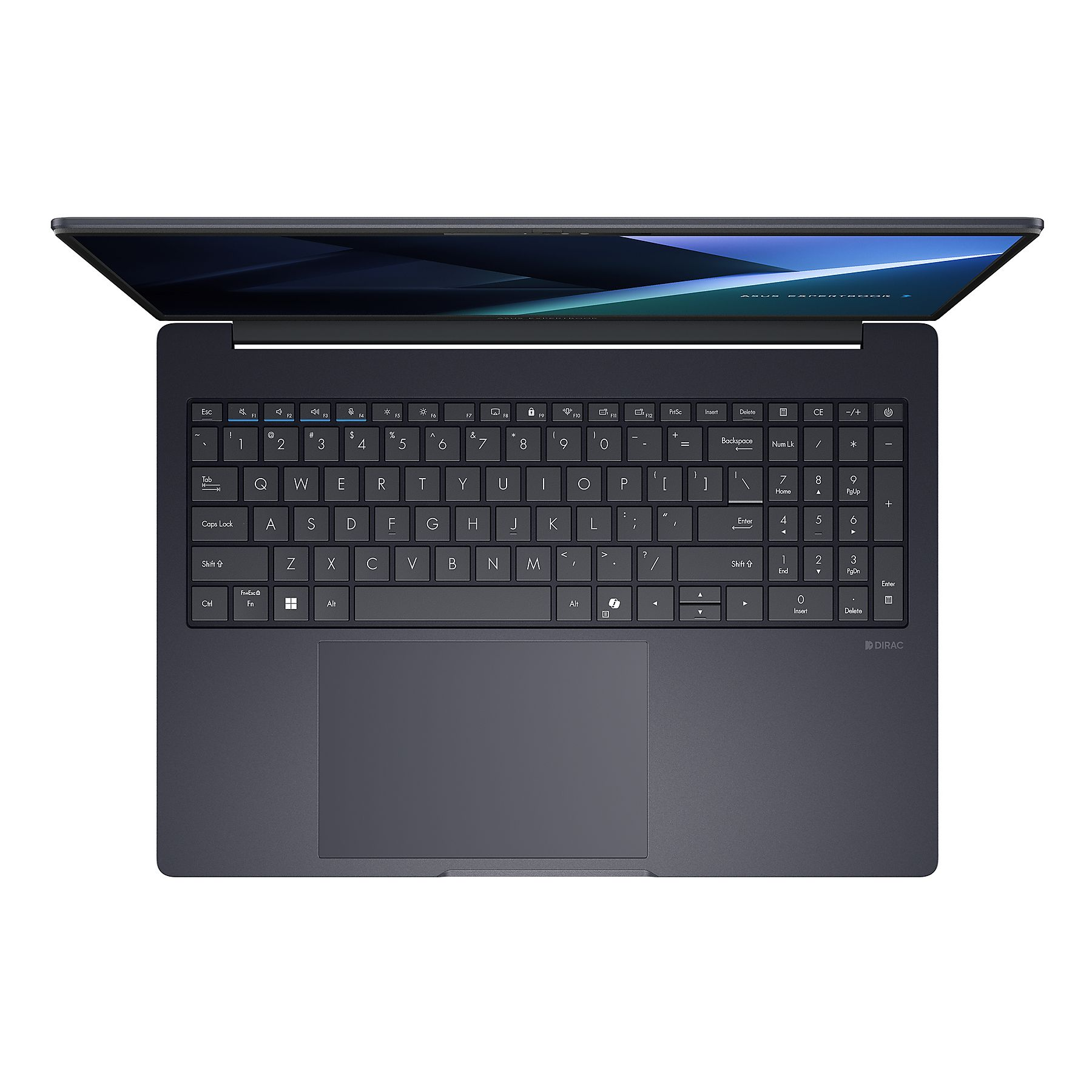 Laptop dall'alto. Tastiera, touchpad e schermo visibili. Schermo leggermente aperto. Colore grigio scuro.