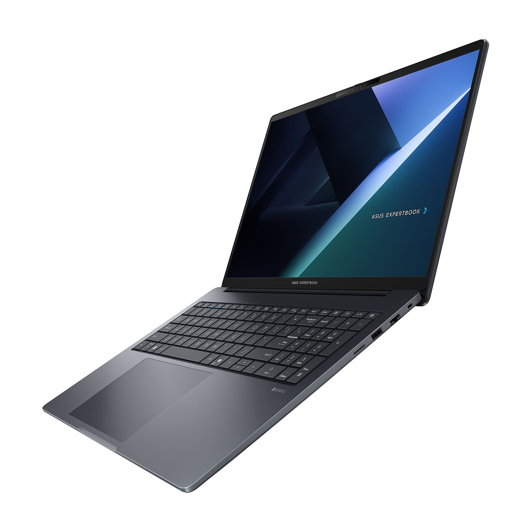 Un laptop ASUS ExpertBook su sfondo bianco. Lo schermo mostra un design astratto blu e turchese.