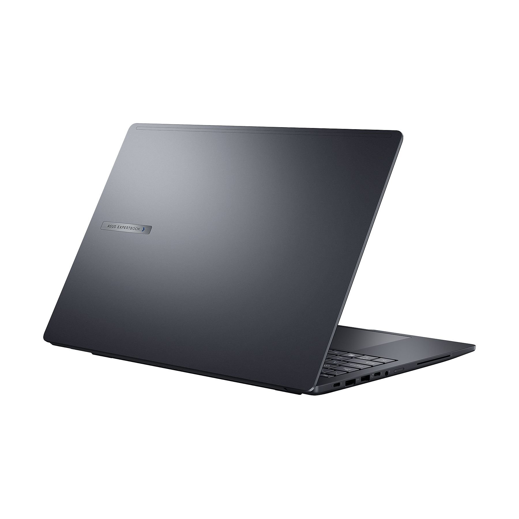 Un laptop grigio scuro è leggermente aperto. Il logo ASUS EXPERTBOOK è visibile sul coperchio. Lo sfondo è bianco.
