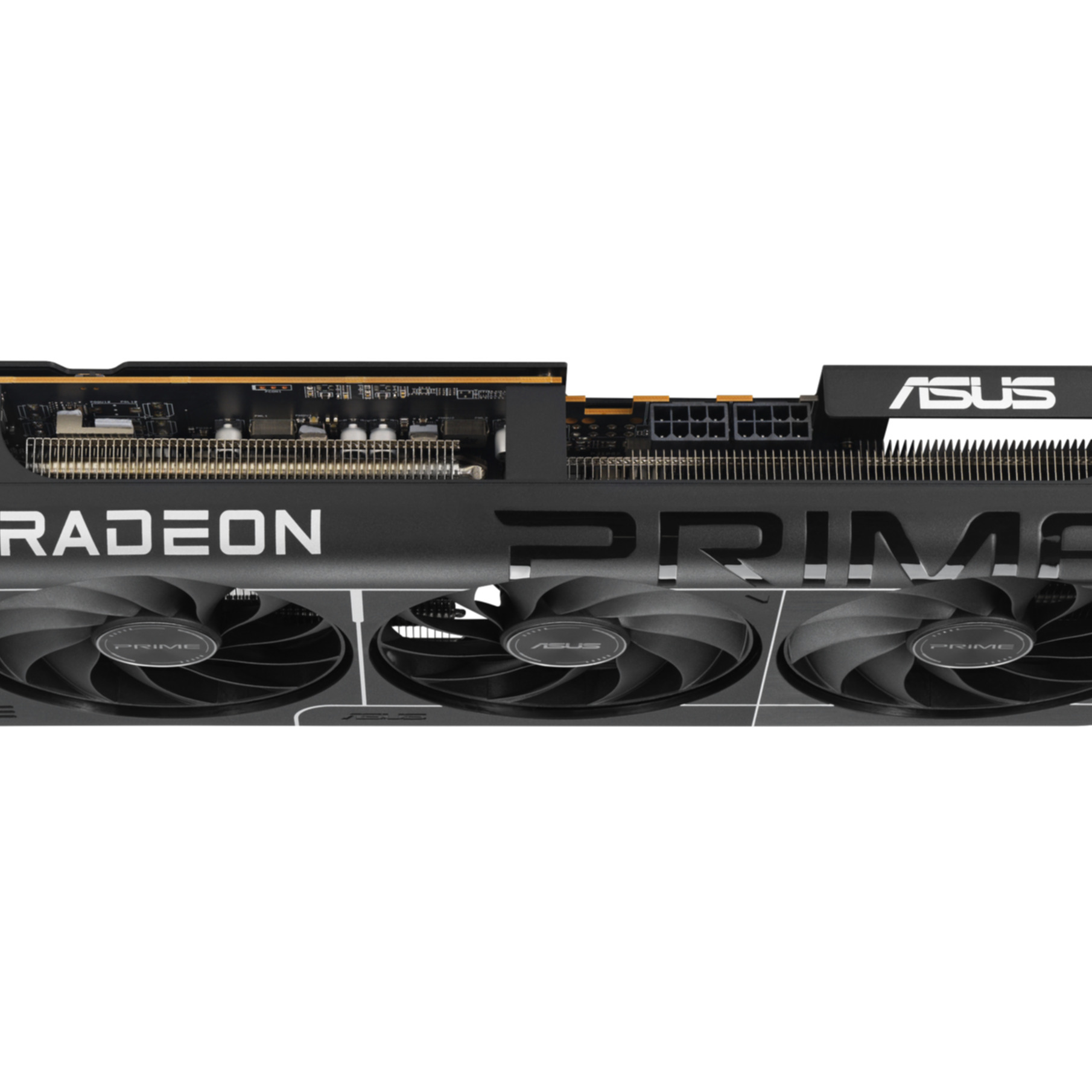 Czarna karta graficzna ASUS Radeon PRIME z trzema wentylatorami. Tekst: RADEON, PRIME, ASUS. Tło jest białe.