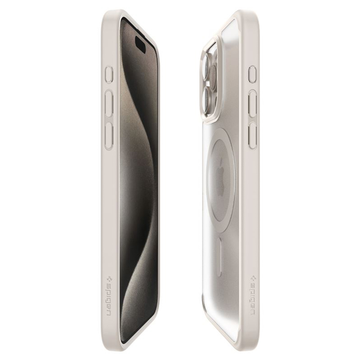 Twee iPhones in hoesjes. Eén toont het scherm, de andere de achterkant. Hoesjes zijn licht van kleur, met een transparante achterkant.