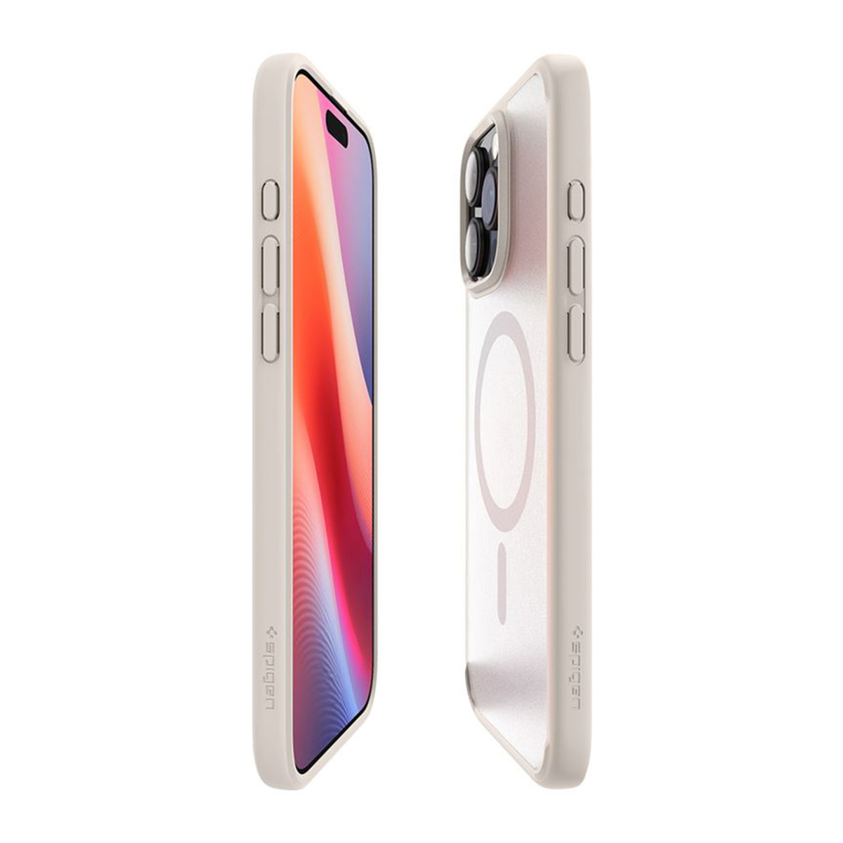 Twee gebroken witte iPhone-hoesjes, één met scherm. De hoesjes zijn transparant en hebben een Spigen-logo. Op een witte achtergrond.