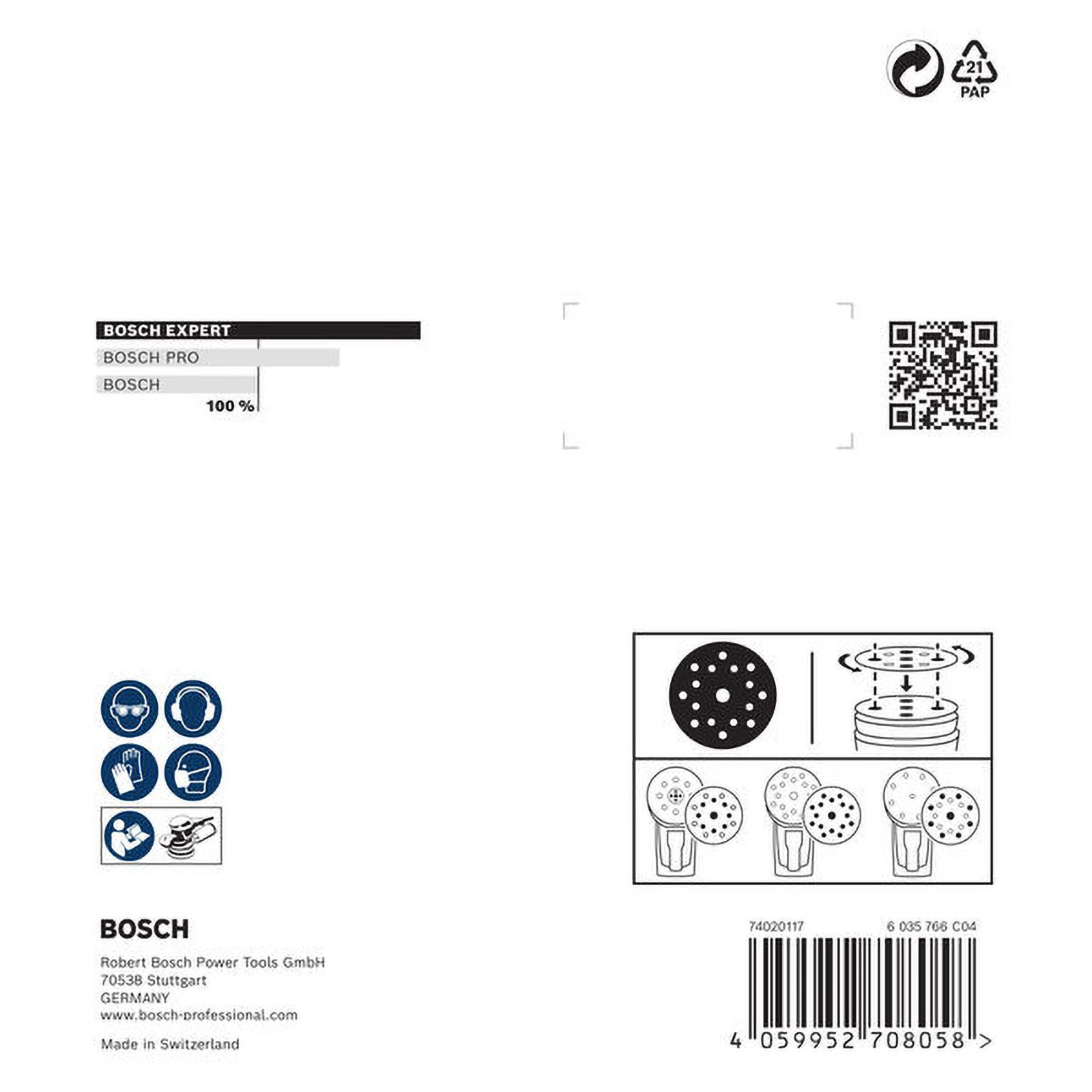 Weißer Hintergrund mit Bosch-Marken- und Produktinformationen, Werkzeugdiagrammen, Sicherheitssymbolen und Barcode.