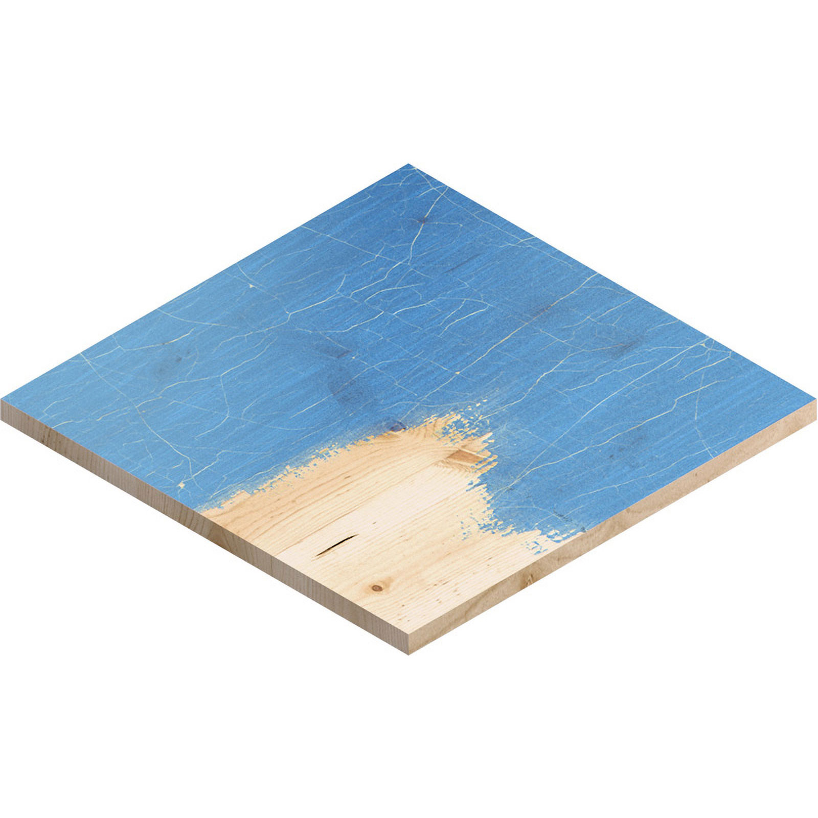 Holzbrett mit blauer Farbe. Ein Teil des Holzes ist nicht bemalt. Risse sind in der blauen Farbe sichtbar.