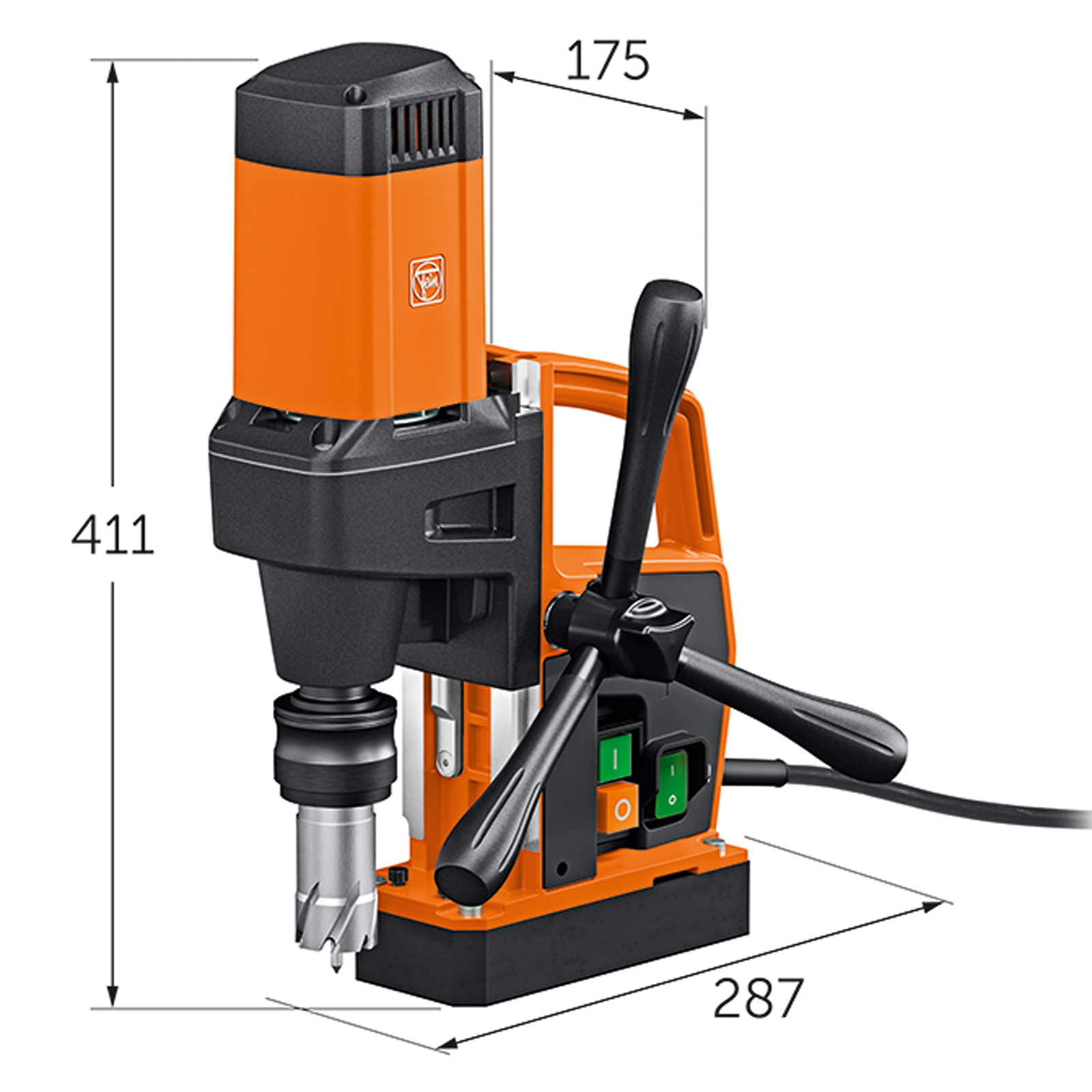 Trapano magnetico arancione e nero con dimensioni indicate. Ha una punta e interruttori di controllo.