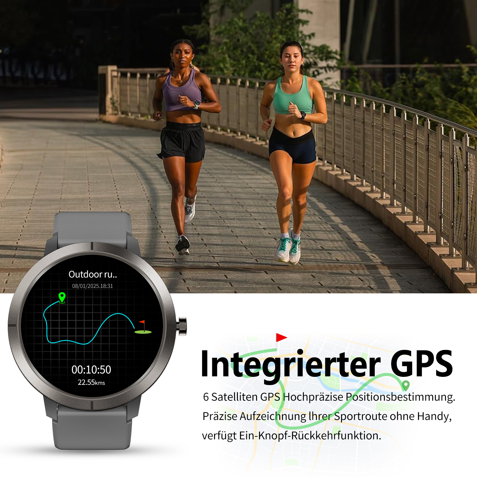 Zwei Frauen laufen auf einer Brücke. Eine Smartwatch zeigt eine Laufstrecke. Text darunter zeigt GPS-Funktionen.