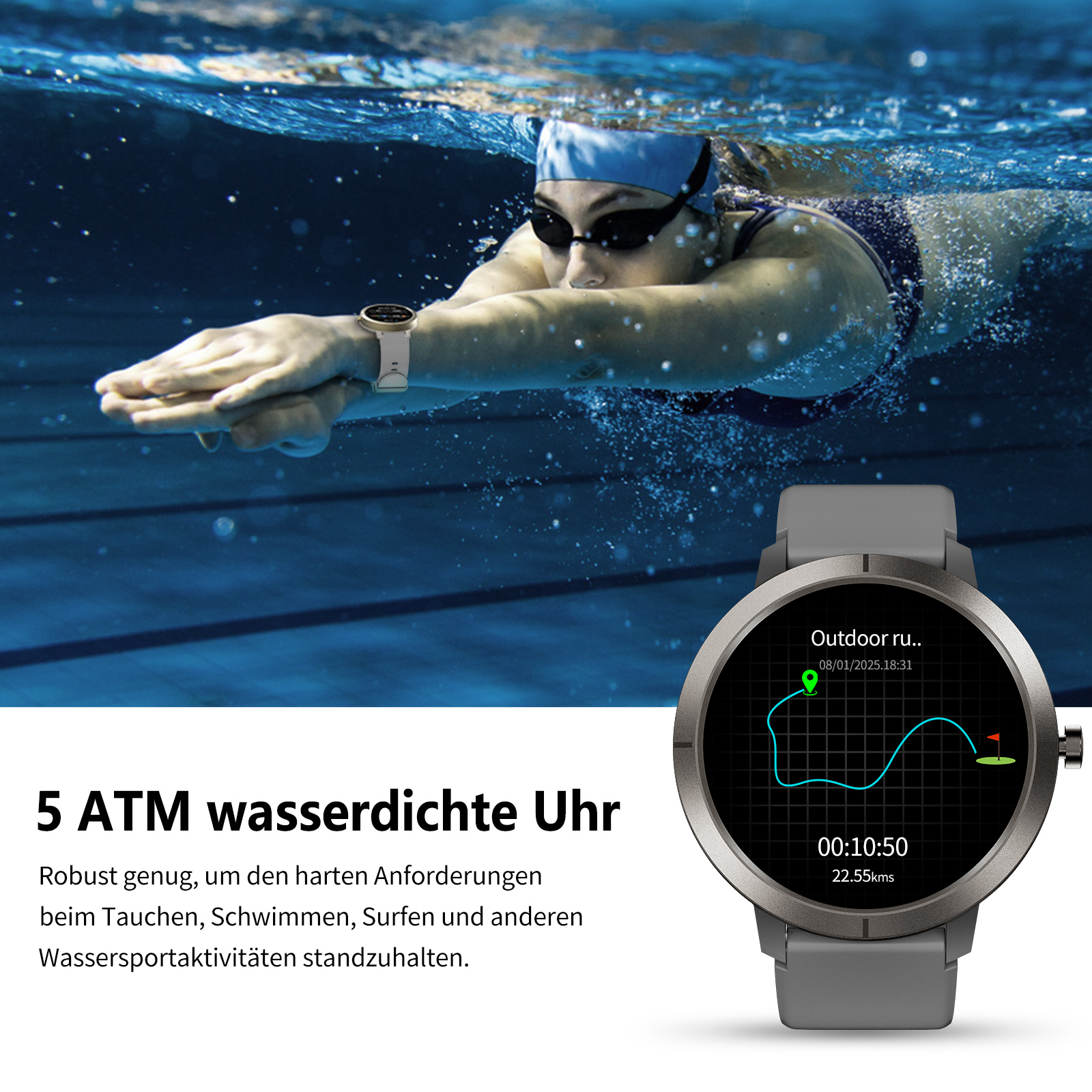 Ein Schwimmer in einem Pool mit einer Uhr wird gezeigt. Die Uhr zeigt Statistiken an. Der Text lautet „5 ATM wasserdichte Uhr“ und weitere Details.