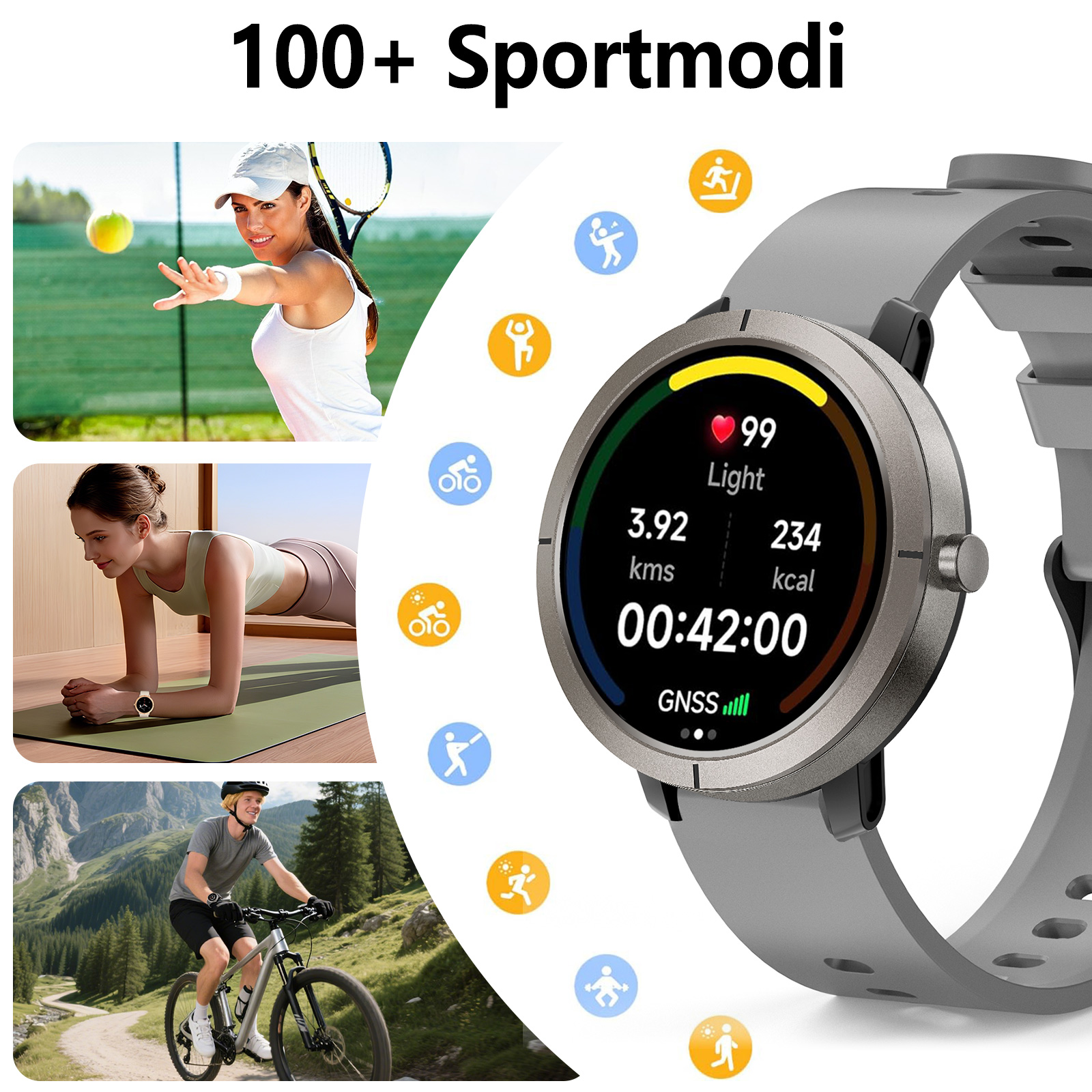 Das Bild zeigt eine Smartwatch mit Sportaktivitäts-Icons und drei Sportbeispiele: Tennis, Planking und Radfahren.