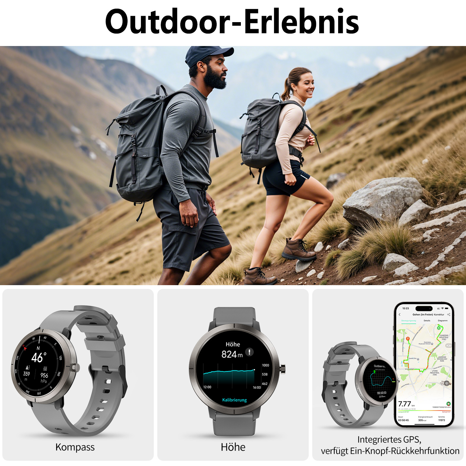 Ein Paar wandert einen Bergpfad hinauf. Unten sind Uhrenanzeigen mit Kompass, Höhe und GPS-Daten zu sehen.