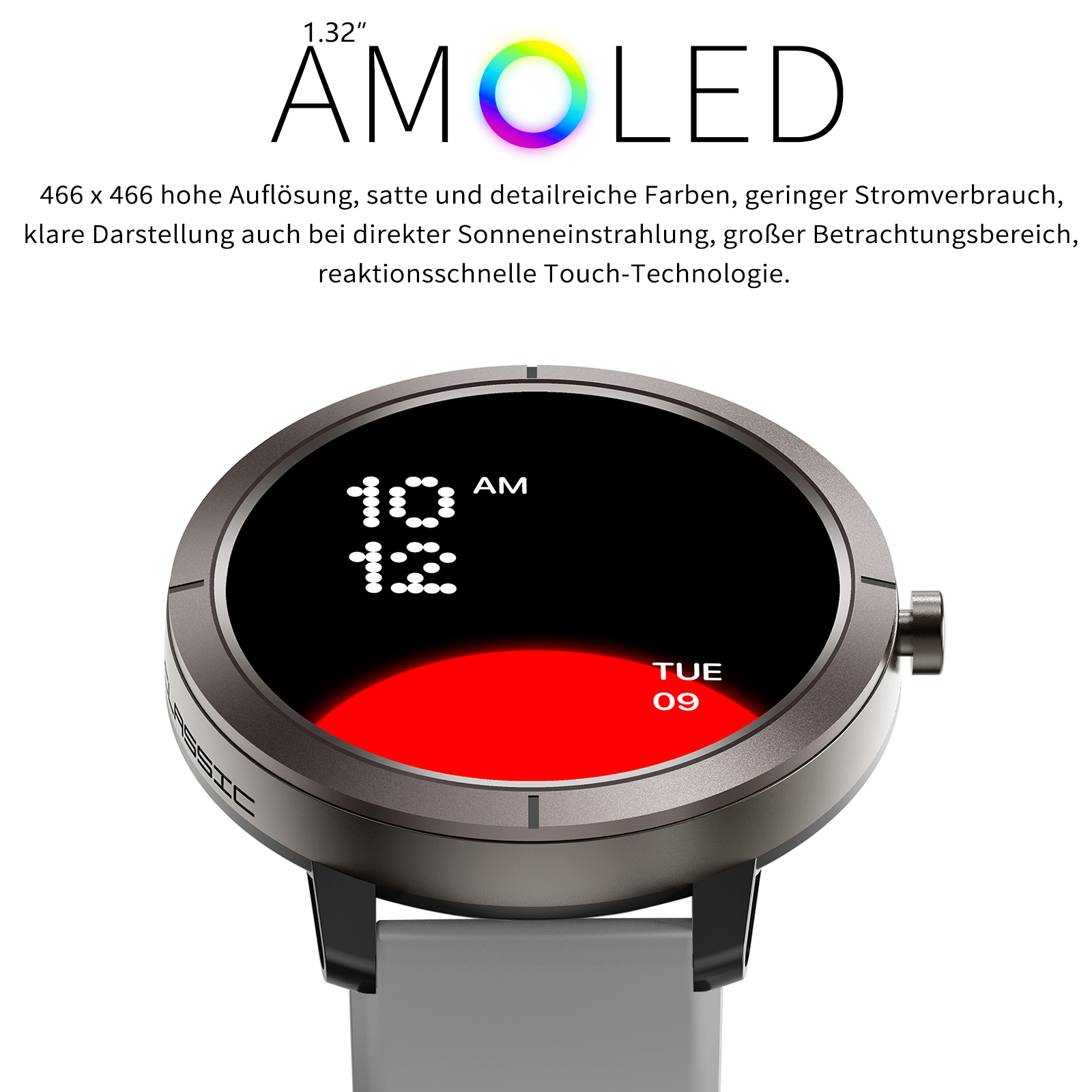 Eine Smartwatch mit schwarzem Bildschirm, der Uhrzeit und Datum anzeigt. Die Uhr hat ein silbernes Gehäuse und ein graues Armband.